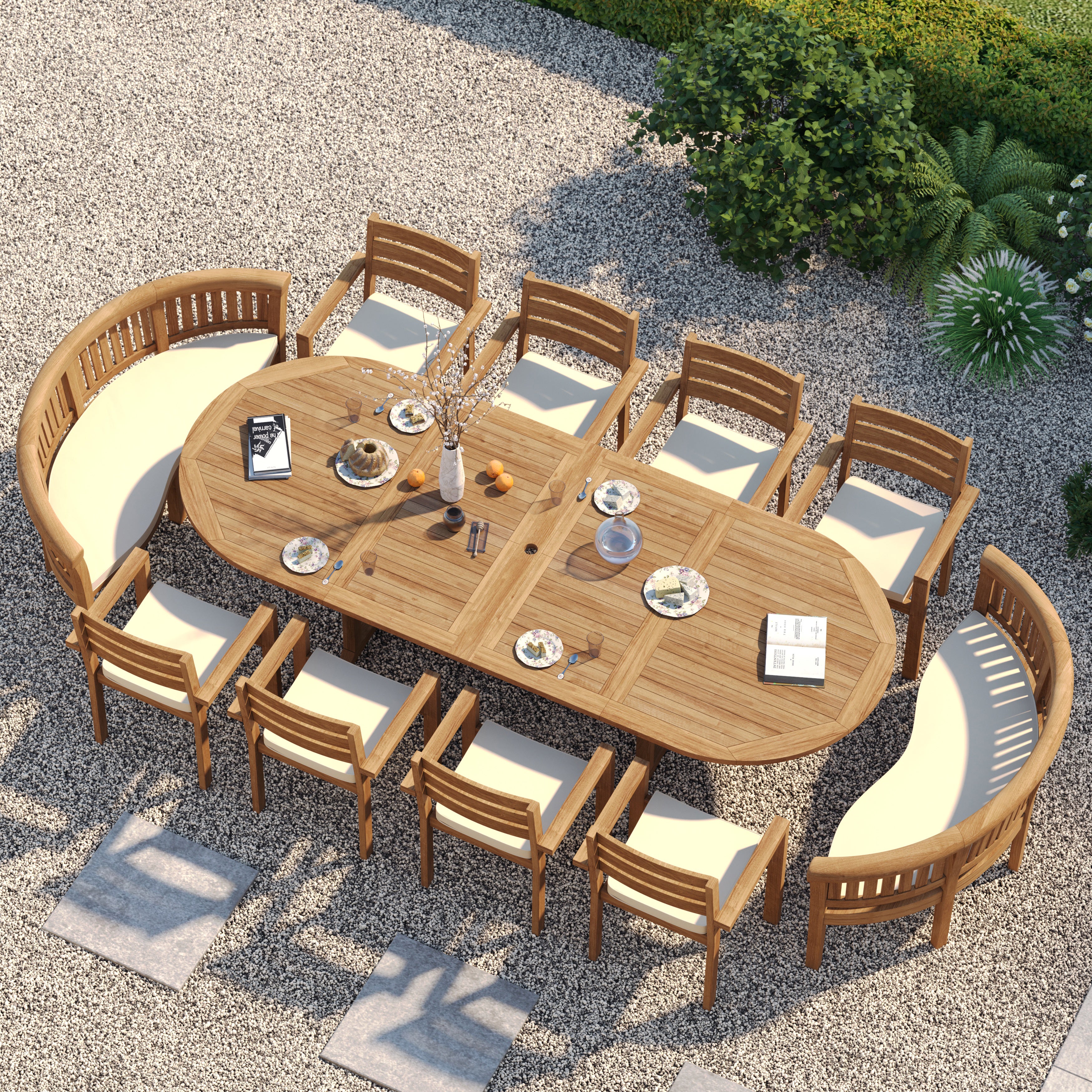 12 Seater Teak Garden Dining Set – 2–3m Oval Extending Table with 8 Marlow Stacking Chairs & 2 San Francisco Benches - Image 3