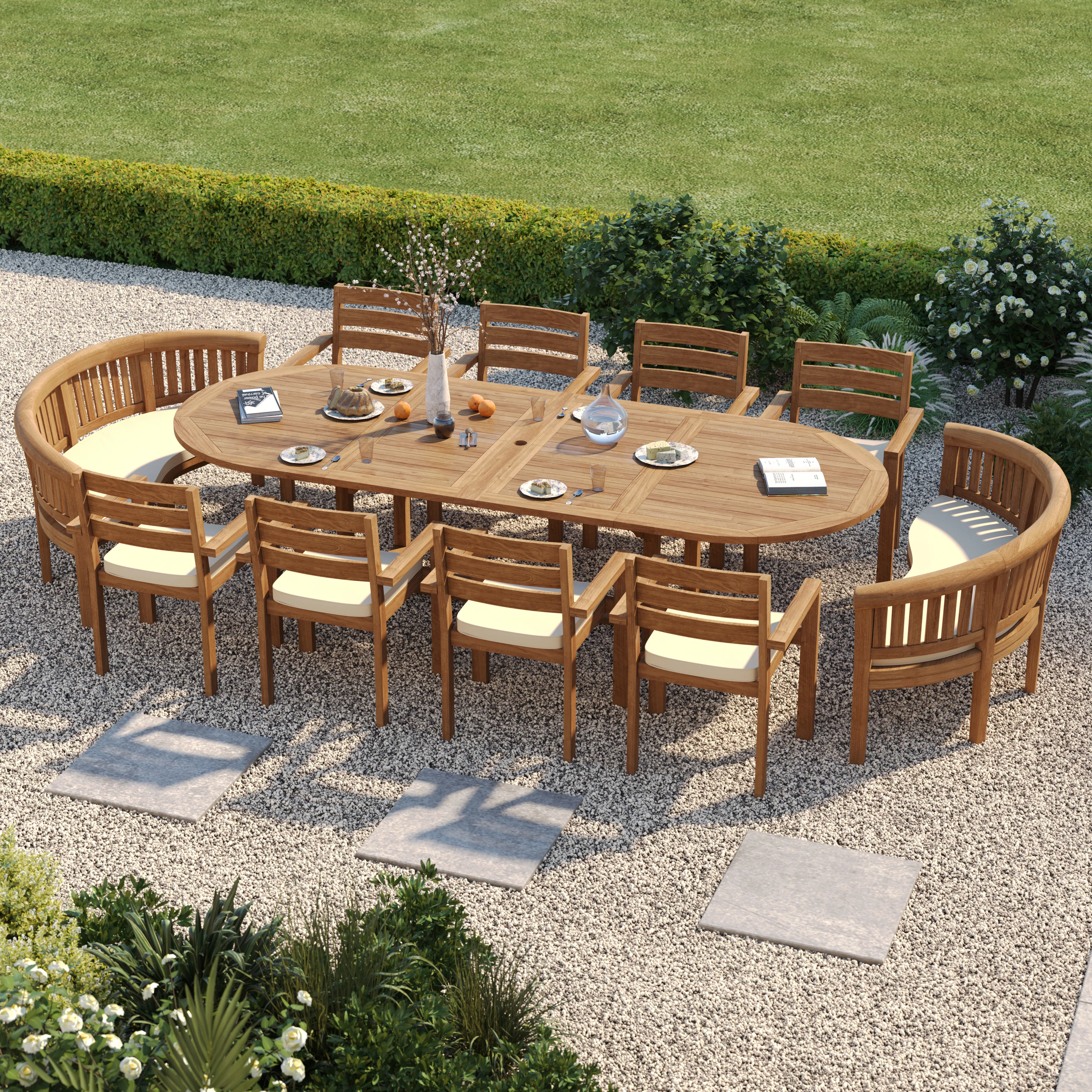 12 Seater Teak Garden Dining Set – 2–3m Oval Extending Table with 8 Marlow Stacking Chairs & 2 San Francisco Benches - Image 4