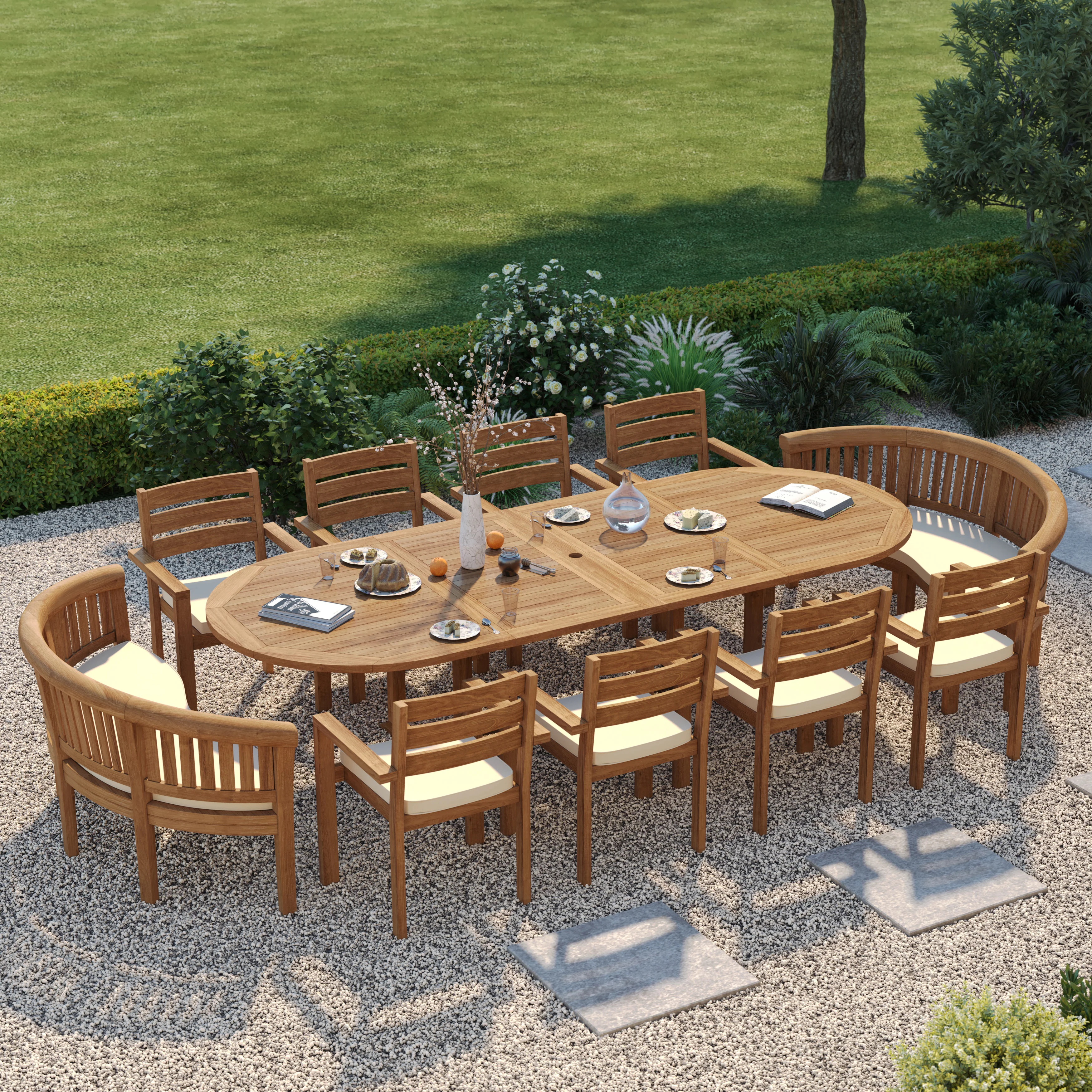12 Seater Teak Garden Dining Set – 2–3m Oval Extending Table with 8 Marlow Stacking Chairs & 2 San Francisco Benches - Image 5