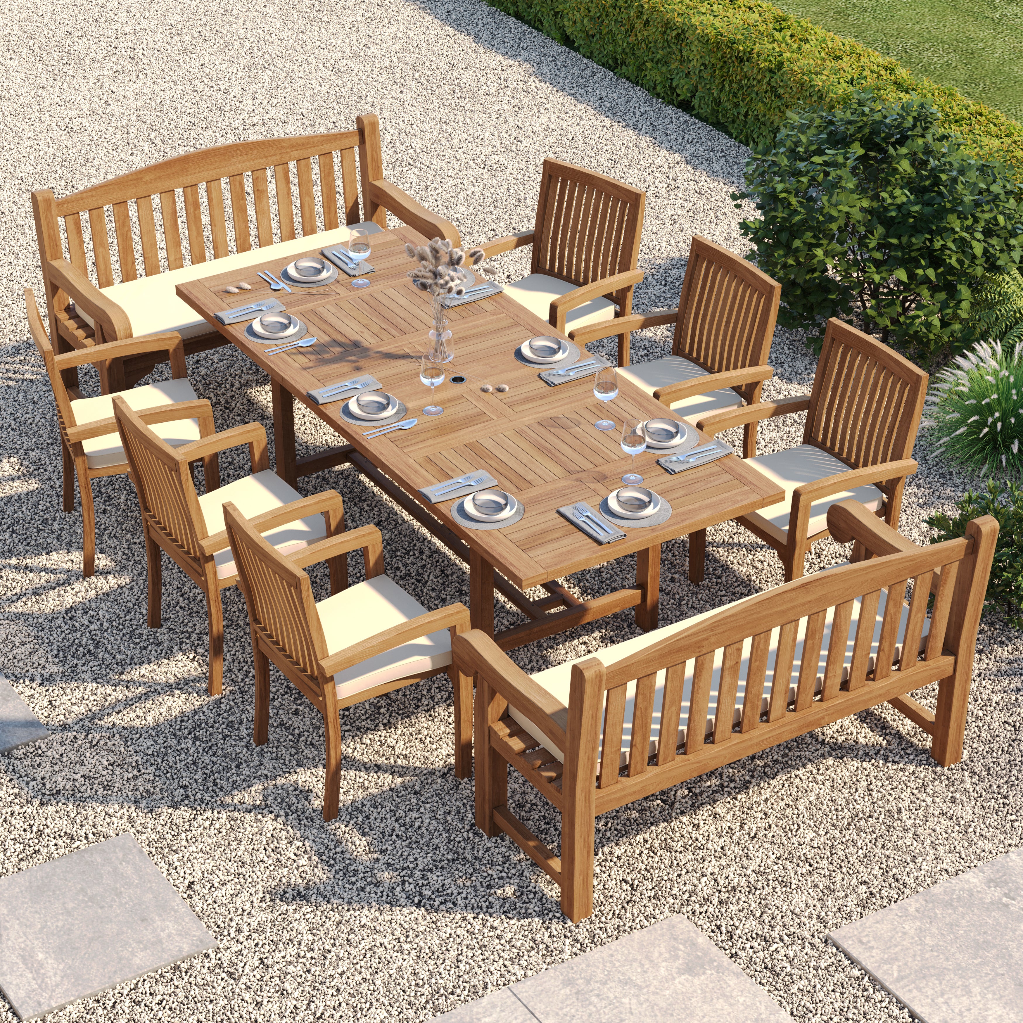 10 Seater Teak Garden Dining Set – 180–240cm Rectangular Extending Table, 4cm Top with 6 Henley Stacking Chairs & 2 Harmony Benches