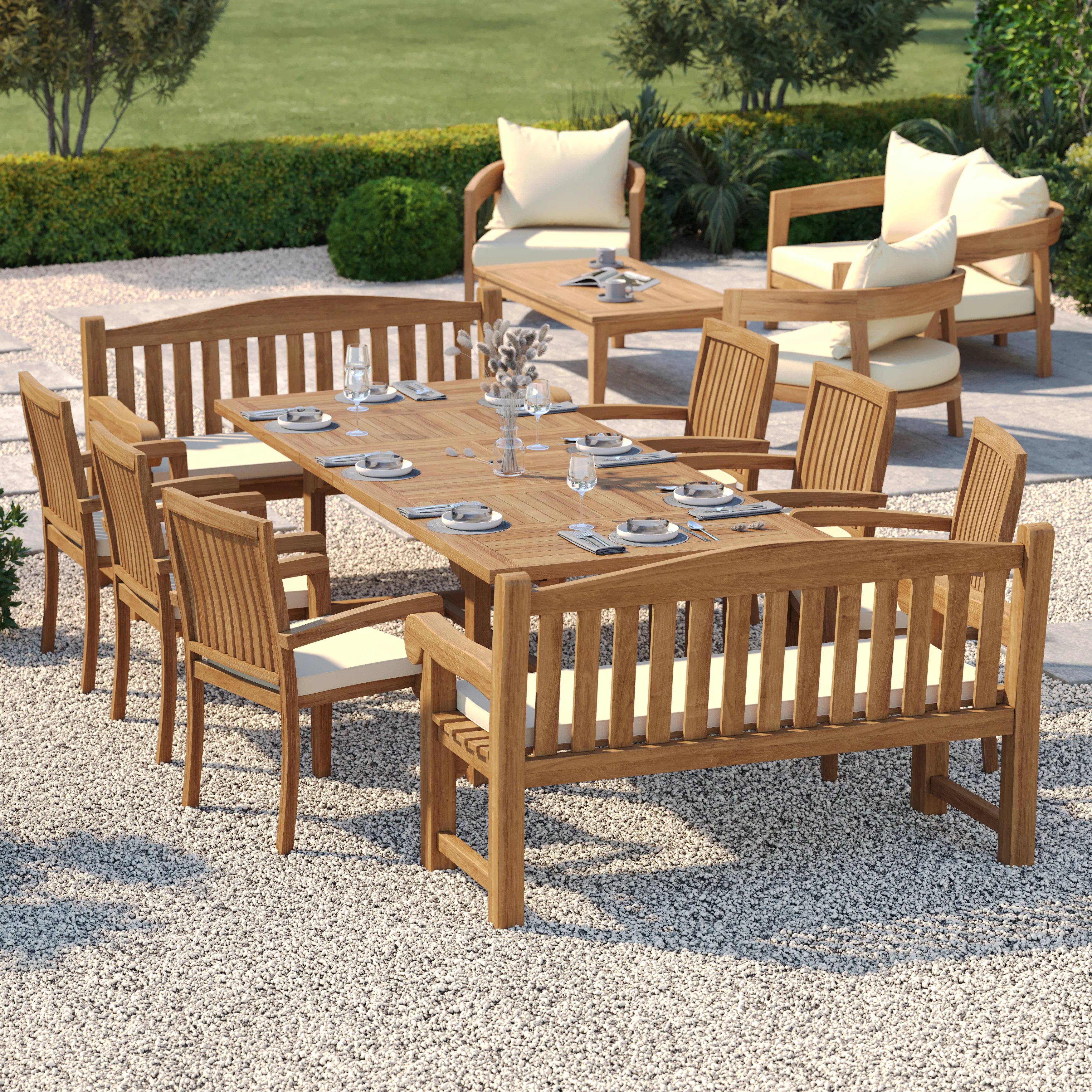 10 Seater Teak Garden Dining Set – 180–240cm Rectangular Extending Table, 4cm Top with 6 Henley Stacking Chairs & 2 Harmony Benches - Image 2