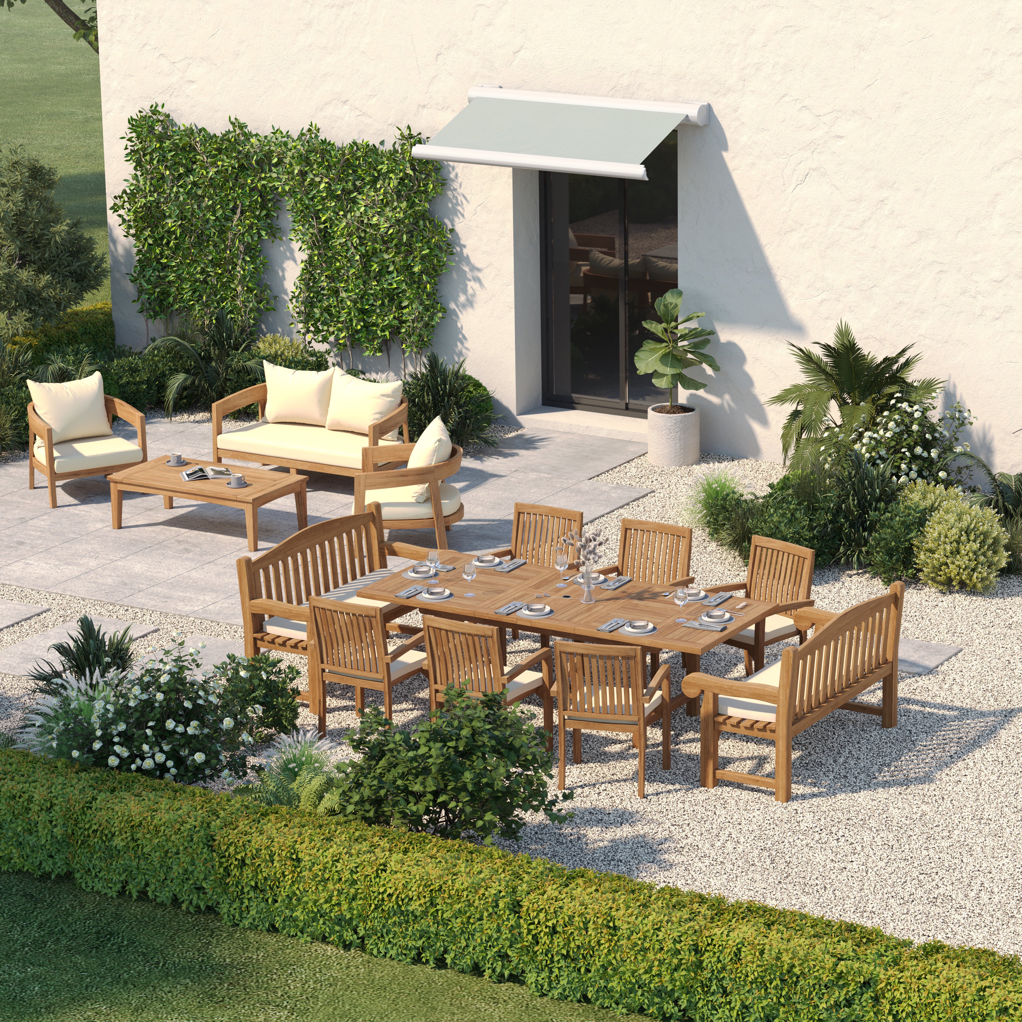10 Seater Teak Garden Dining Set – 180–240cm Rectangular Extending Table, 4cm Top with 6 Henley Stacking Chairs & 2 Harmony Benches - Image 3