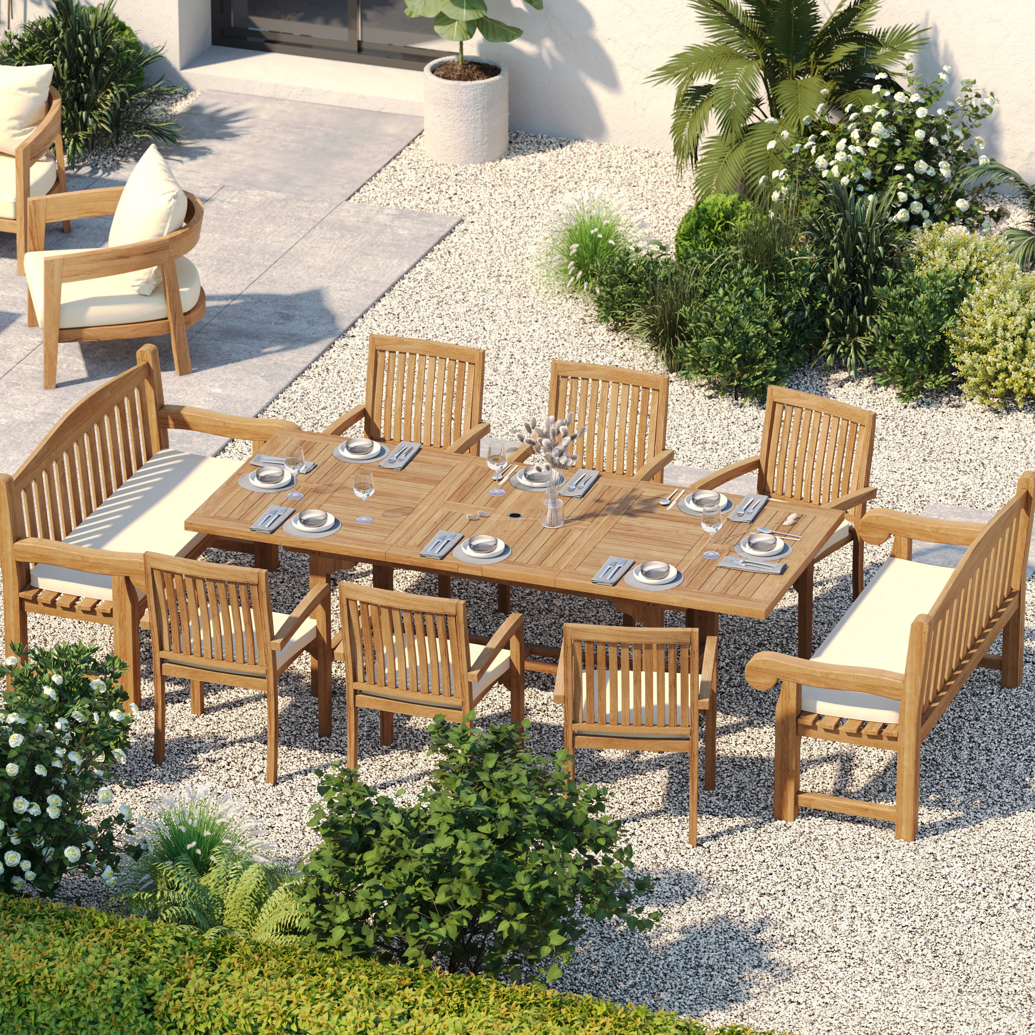 10 Seater Teak Garden Dining Set – 180–240cm Rectangular Extending Table, 4cm Top with 6 Henley Stacking Chairs & 2 Harmony Benches - Image 4
