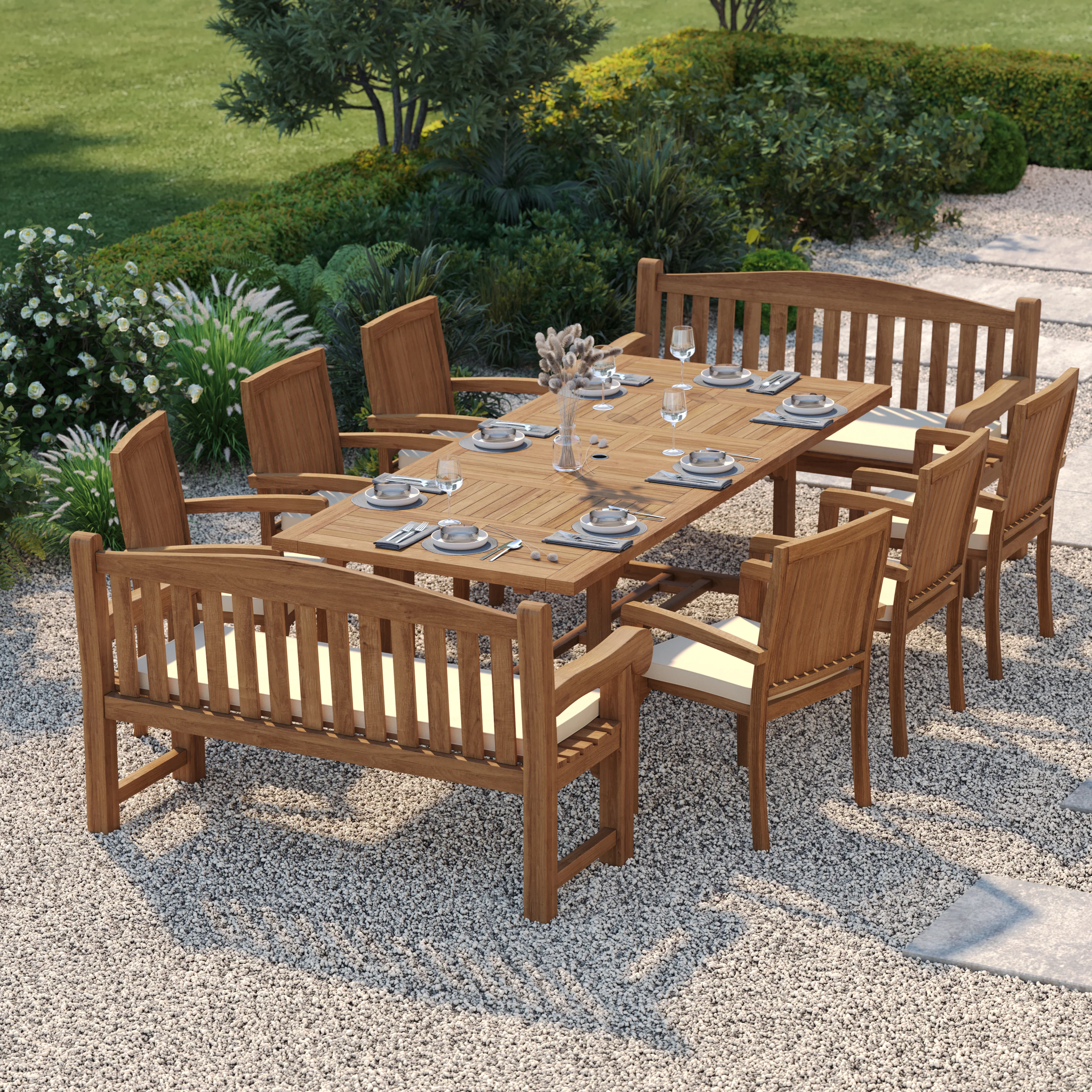 10 Seater Teak Garden Dining Set – 180–240cm Rectangular Extending Table, 4cm Top with 6 Henley Stacking Chairs & 2 Harmony Benches - Image 5