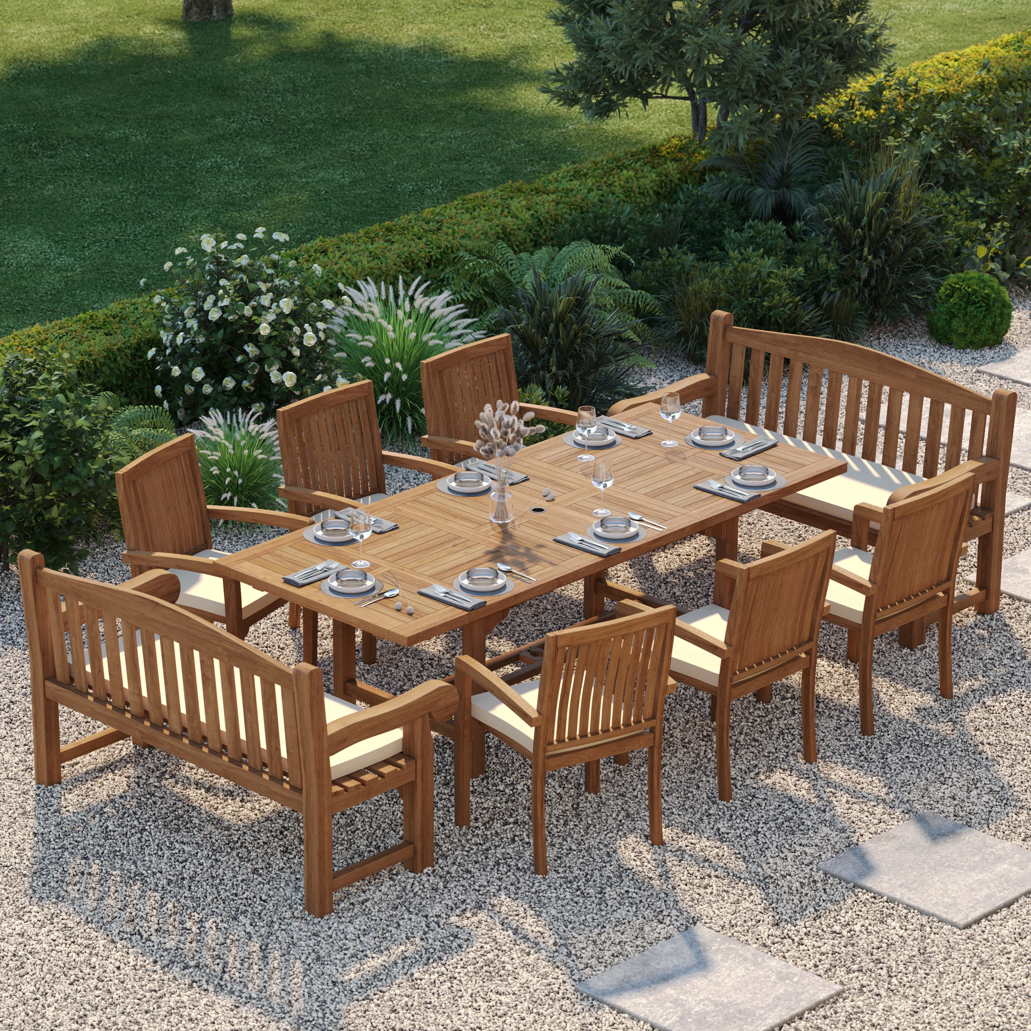 10 Seater Teak Garden Dining Set – 180–240cm Rectangular Extending Table, 4cm Top with 6 Henley Stacking Chairs & 2 Harmony Benches - Image 6