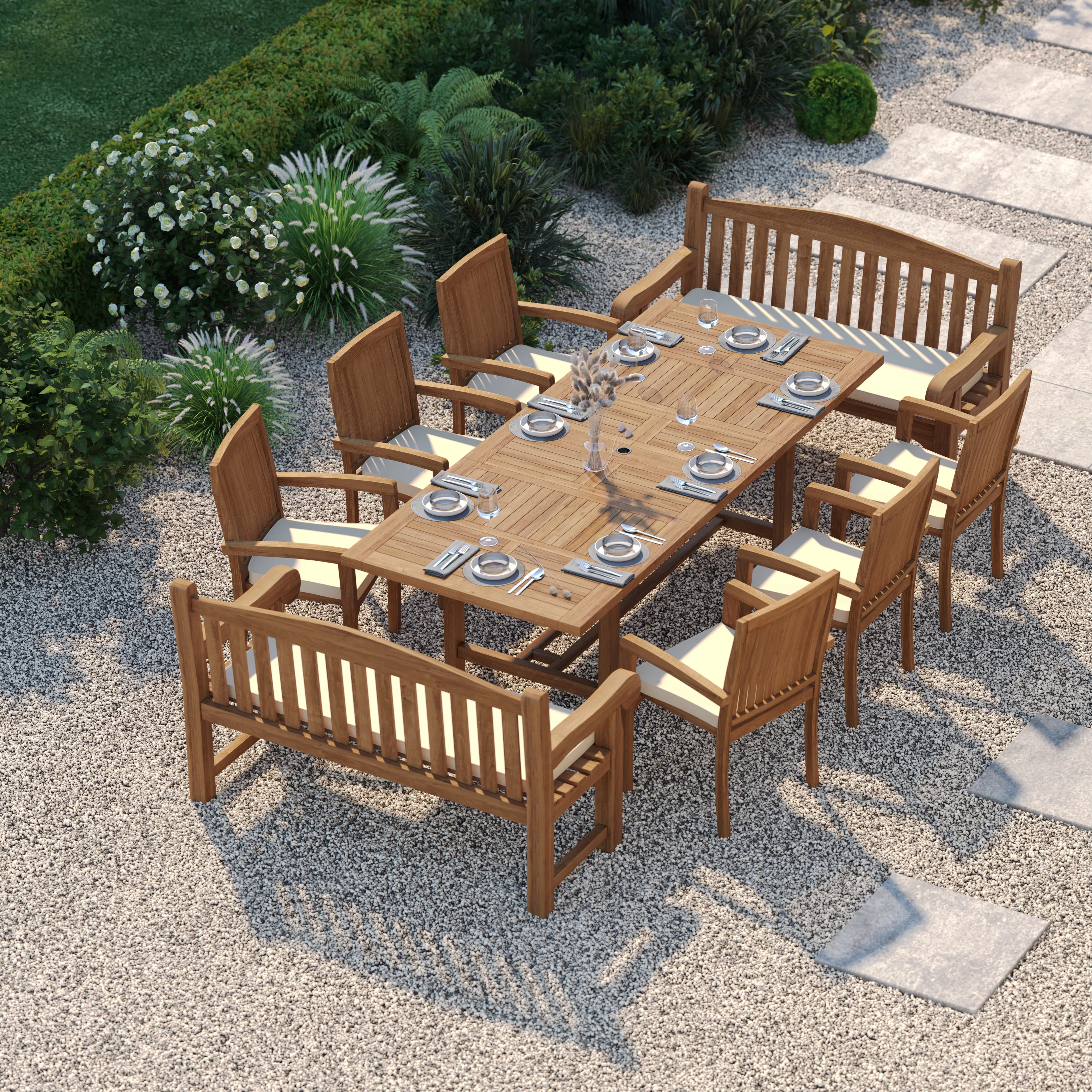 10 Seater Teak Garden Dining Set – 180–240cm Rectangular Extending Table, 4cm Top with 6 Henley Stacking Chairs & 2 Harmony Benches - Image 7