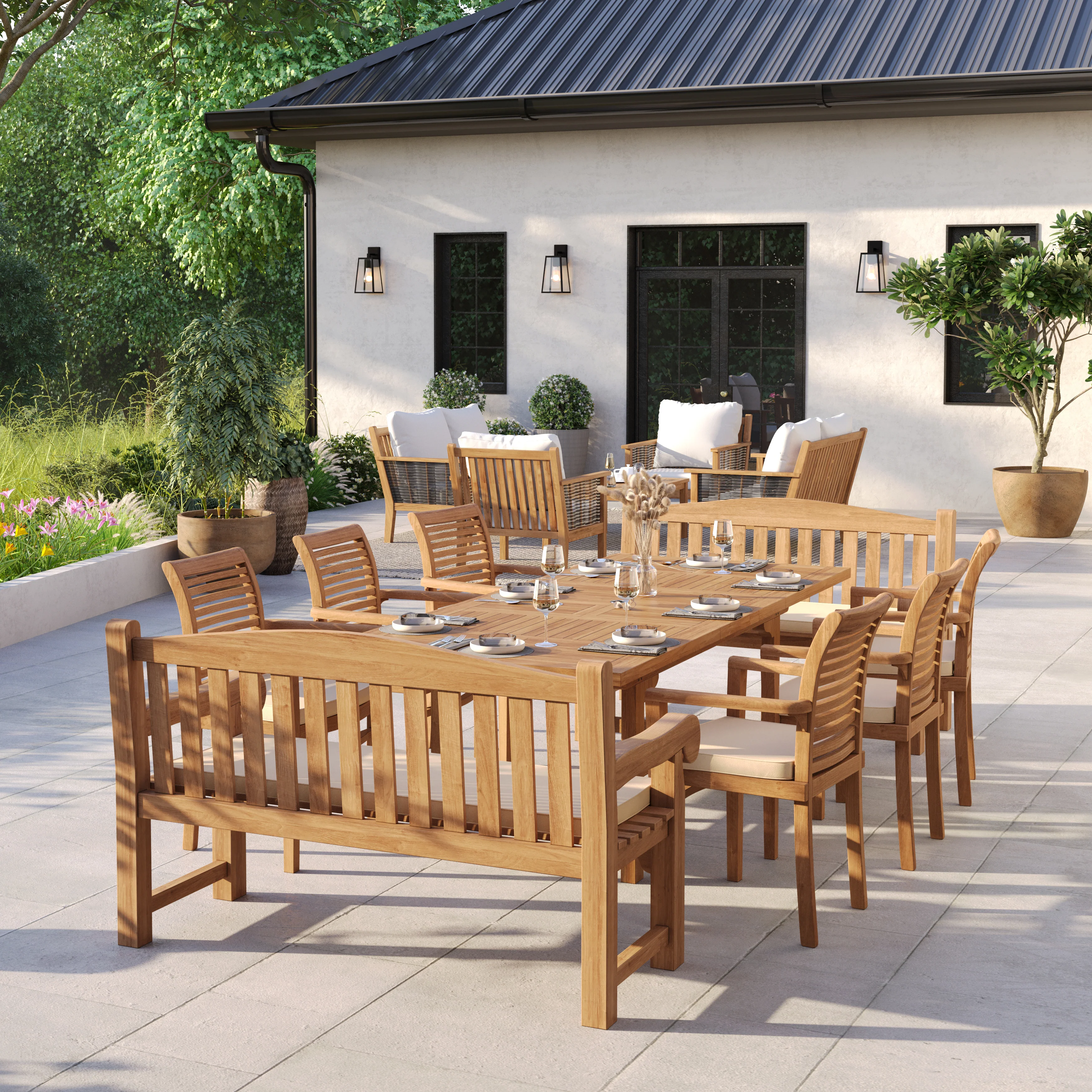 10 Seater Teak Garden Dining Set – 180–240cm Rectangular Extending Table, 4cm Top with 6 Oxford Stacking Chairs & 2 Harmony Benches - Image 2
