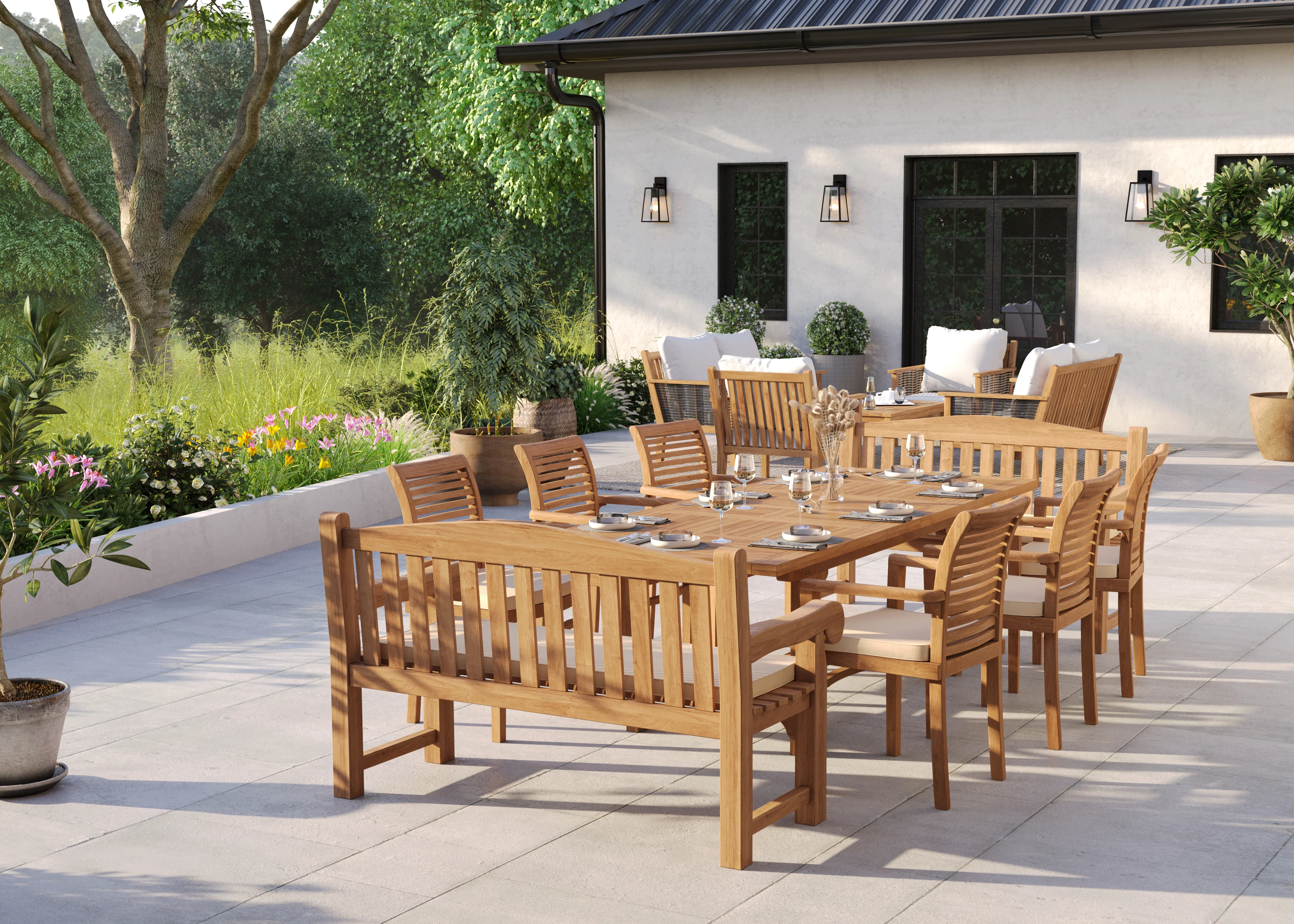 10 Seater Teak Garden Dining Set – 180–240cm Rectangular Extending Table, 4cm Top with 6 Oxford Stacking Chairs & 2 Harmony Benches - Image 3