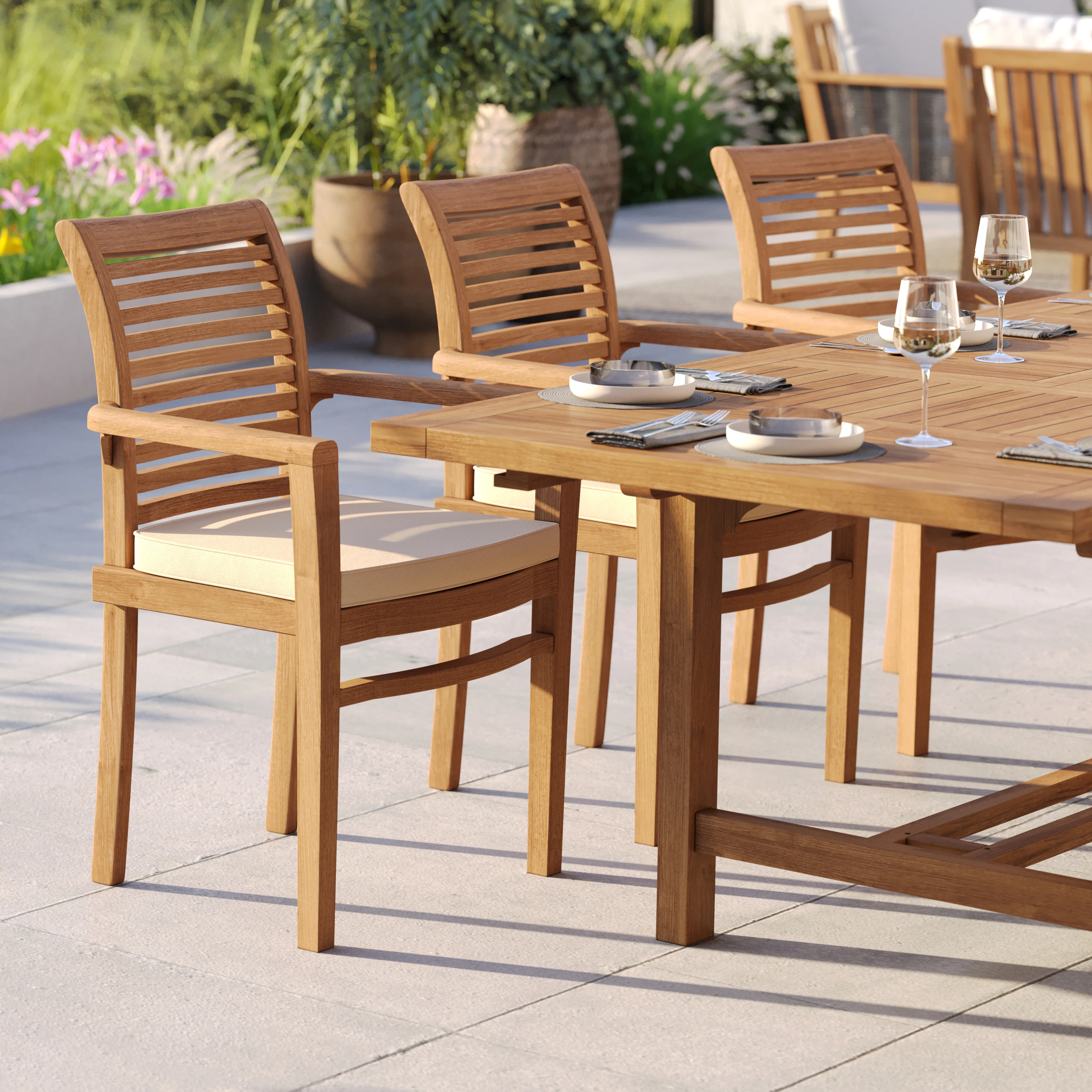 10 Seater Teak Garden Dining Set – 180–240cm Rectangular Extending Table, 4cm Top with 6 Oxford Stacking Chairs & 2 Harmony Benches - Image 4