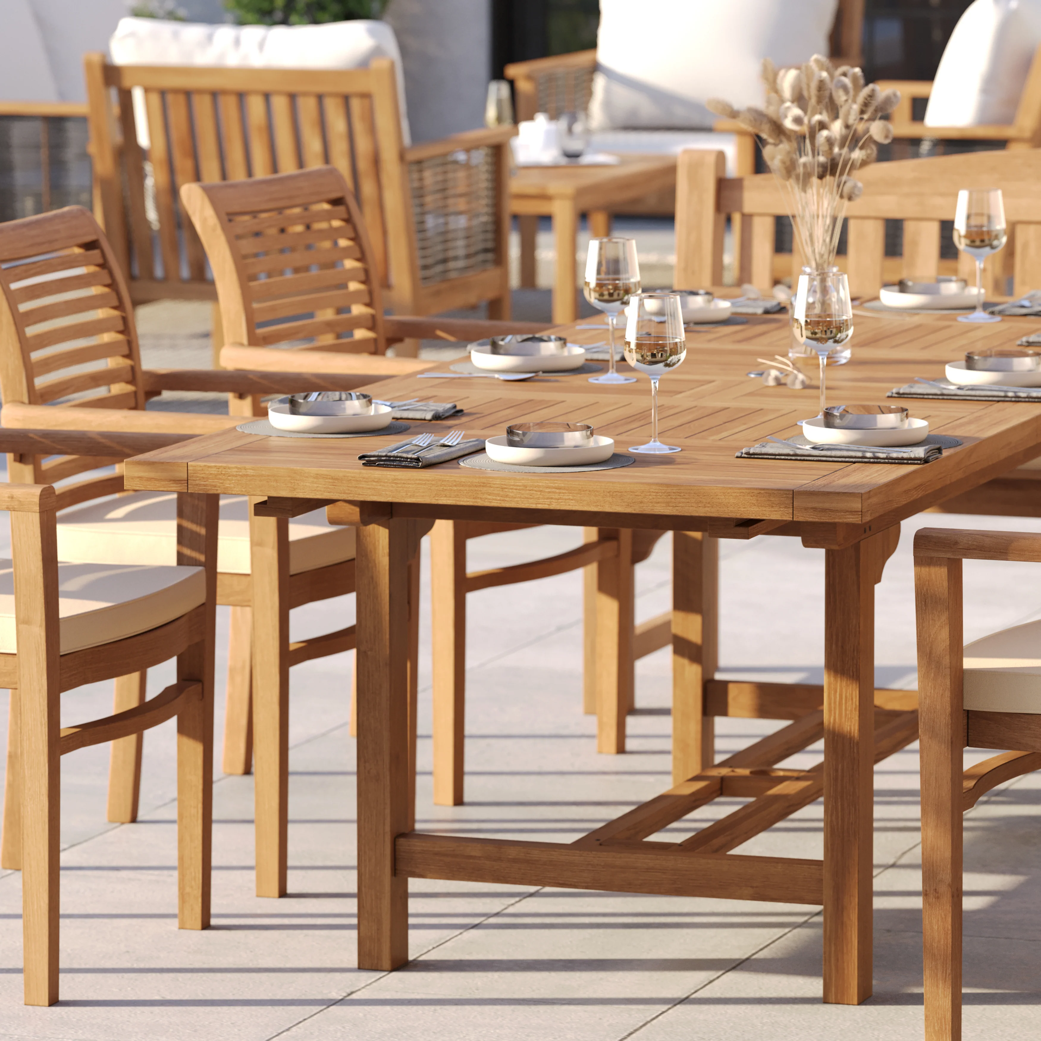 10 Seater Teak Garden Dining Set – 180–240cm Rectangular Extending Table, 4cm Top with 6 Oxford Stacking Chairs & 2 Harmony Benches - Image 5