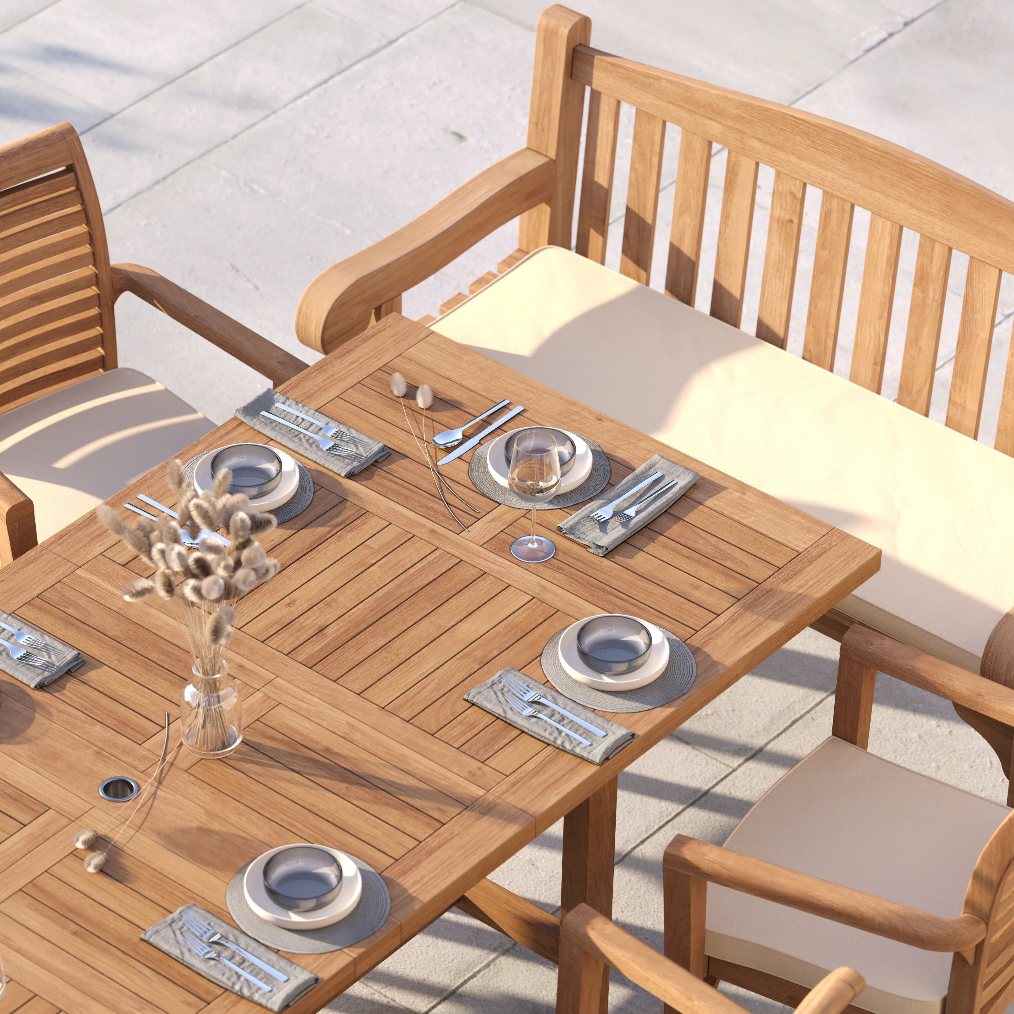 10 Seater Teak Garden Dining Set – 180–240cm Rectangular Extending Table, 4cm Top with 6 Oxford Stacking Chairs & 2 Harmony Benches - Image 6