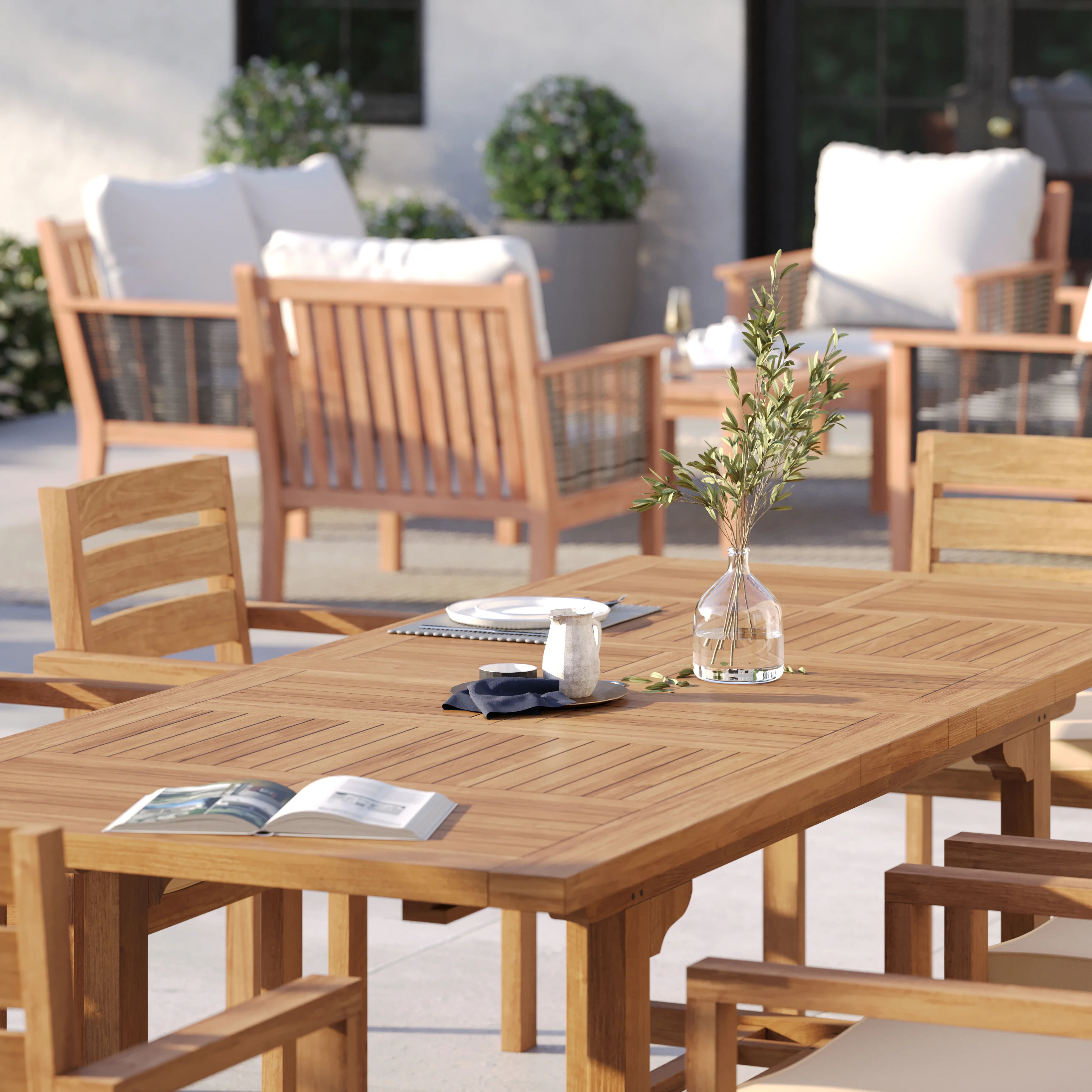 8 Seater Teak Garden Dining Set – 180–240cm Rectangular Extending Table, 4cm Top with Marlow Stacking Chairs - Image 3