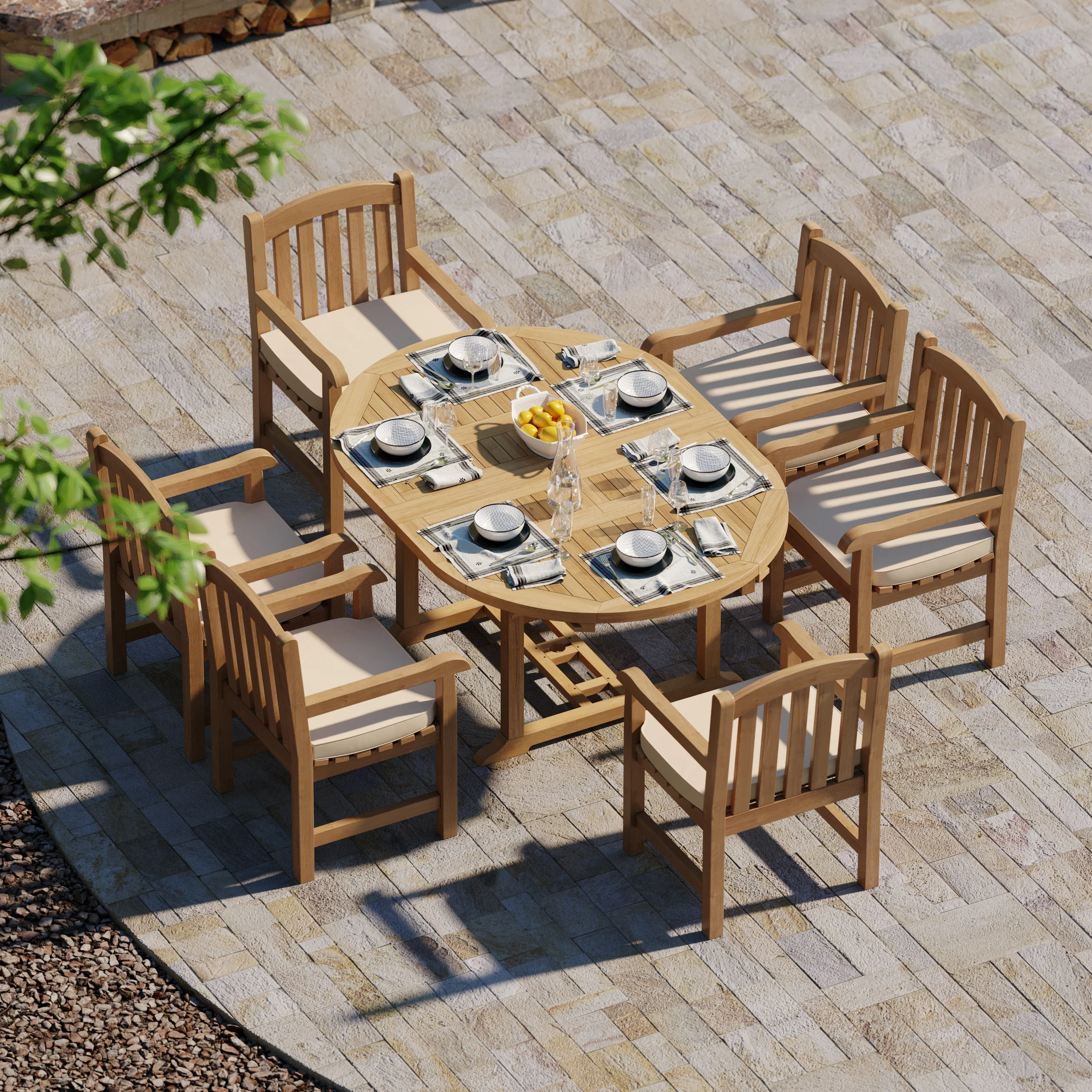 6 Seater Teak Garden Dining Set – 120–170cm Round-to-Oval Extending Table, 4cm Top with Warwick Chairs