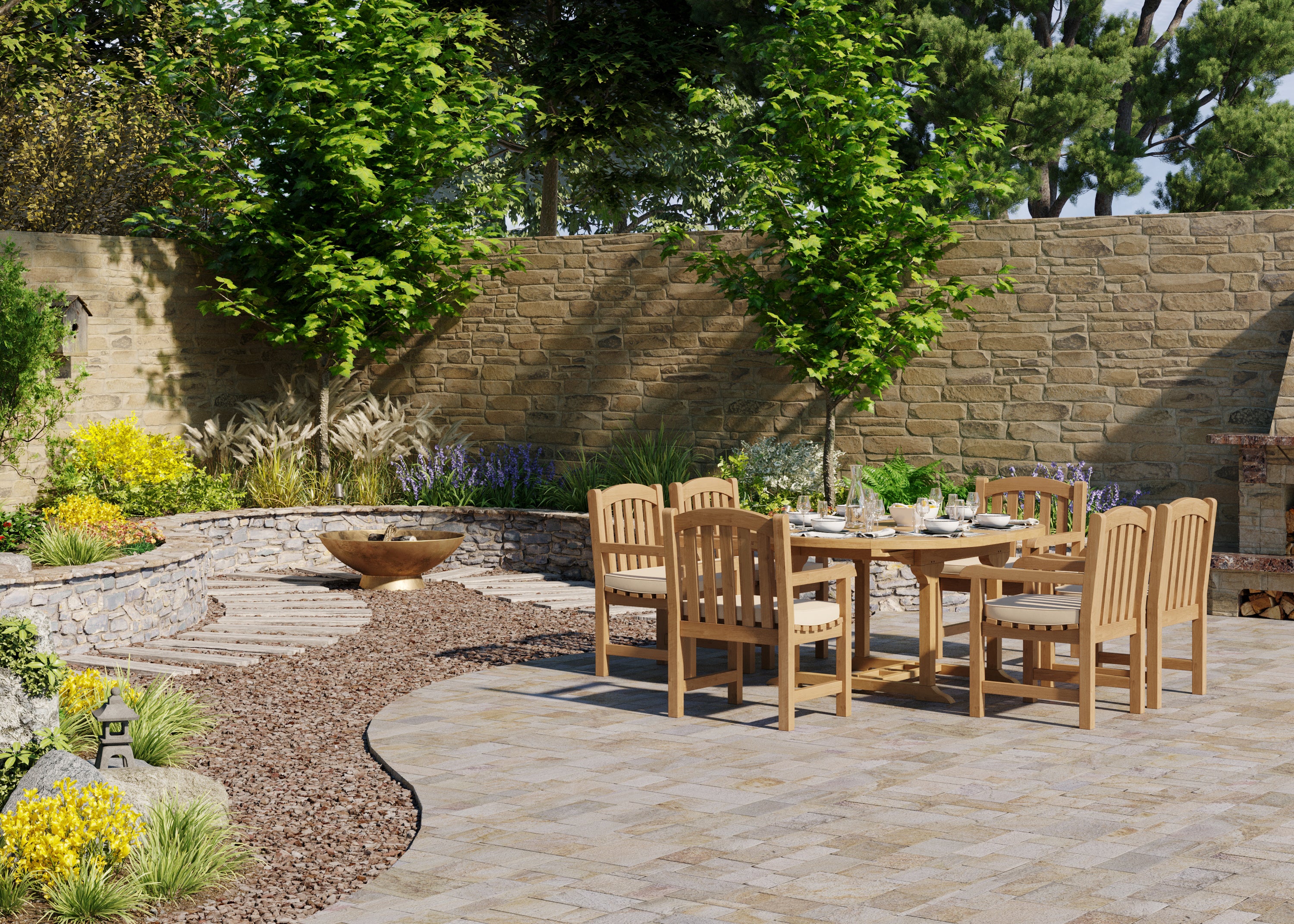 6 Seater Teak Garden Dining Set – 120–170cm Round-to-Oval Extending Table, 4cm Top with Warwick Chairs - Image 10