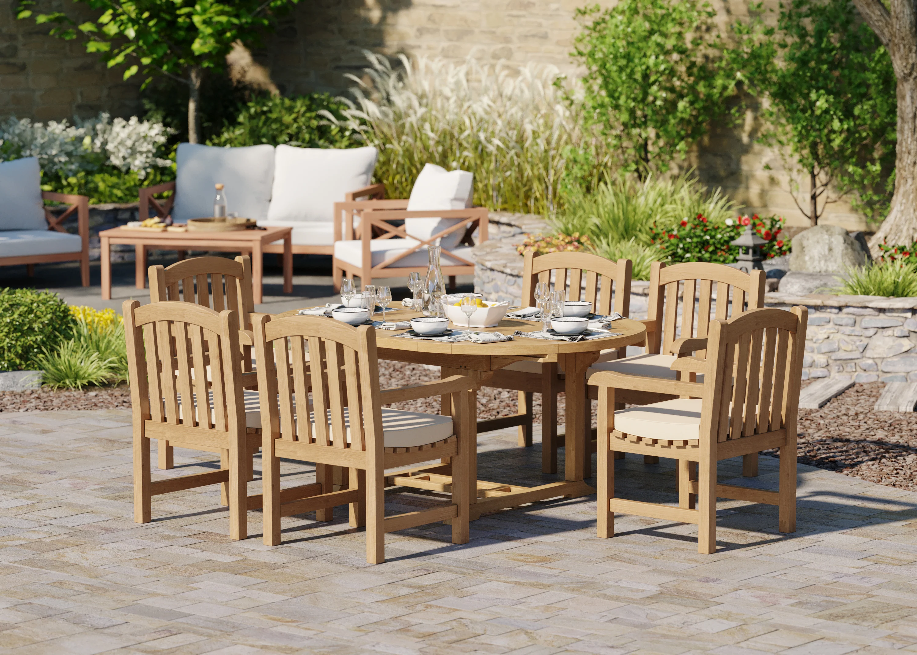 6 Seater Teak Garden Dining Set – 120–170cm Round-to-Oval Extending Table, 4cm Top with Warwick Chairs - Image 2