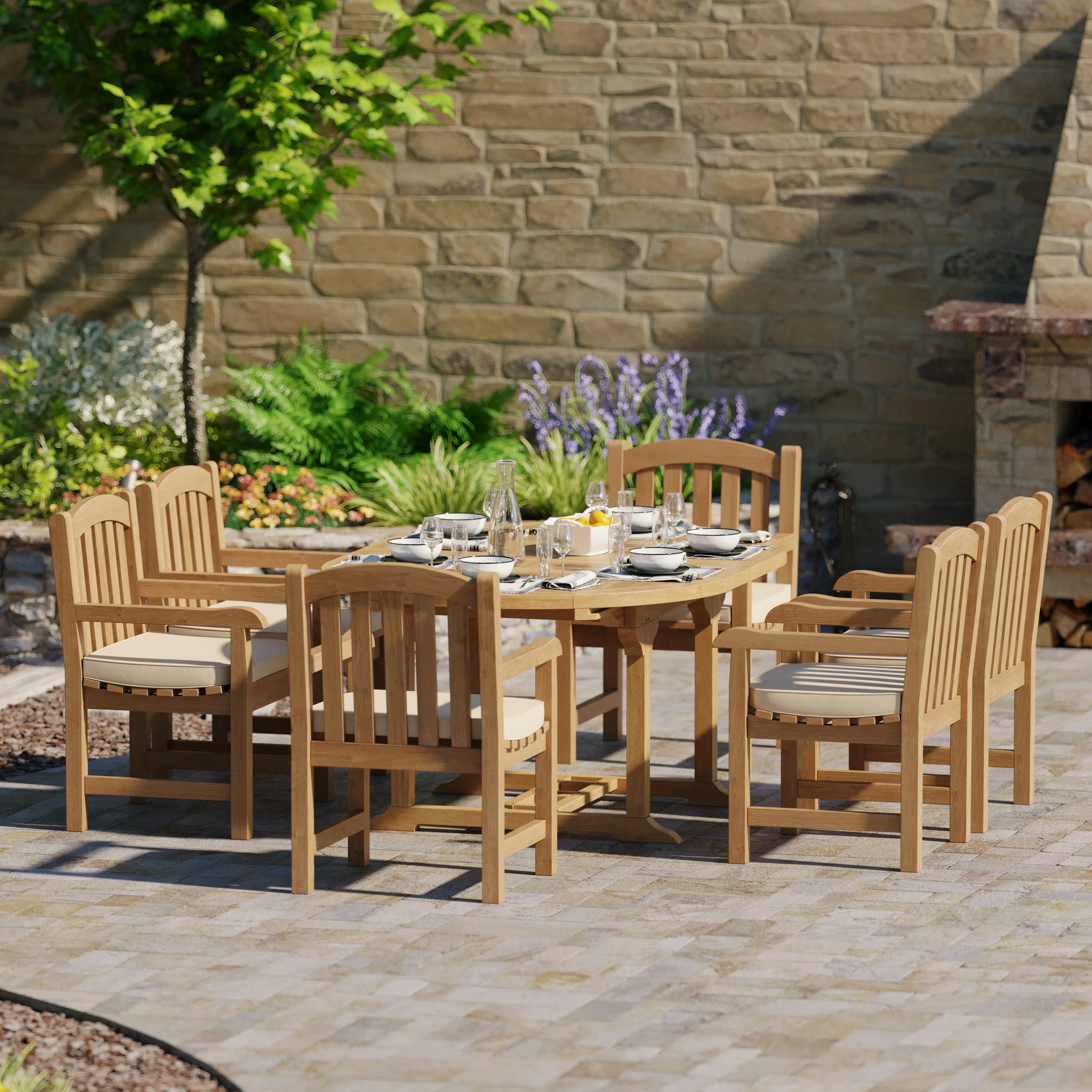 6 Seater Teak Garden Dining Set – 120–170cm Round-to-Oval Extending Table, 4cm Top with Warwick Chairs - Image 3
