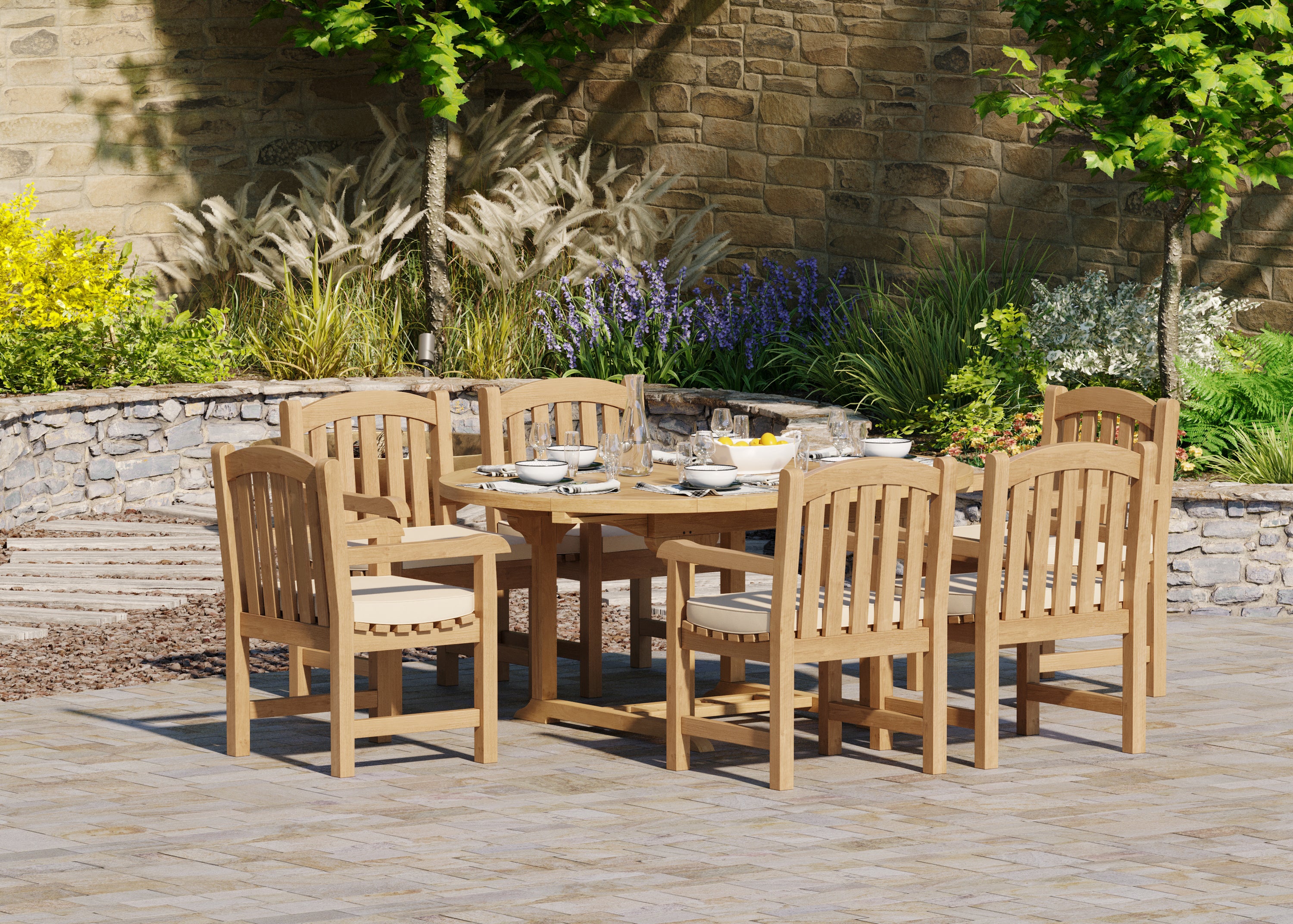 6 Seater Teak Garden Dining Set – 120–170cm Round-to-Oval Extending Table, 4cm Top with Warwick Chairs - Image 4