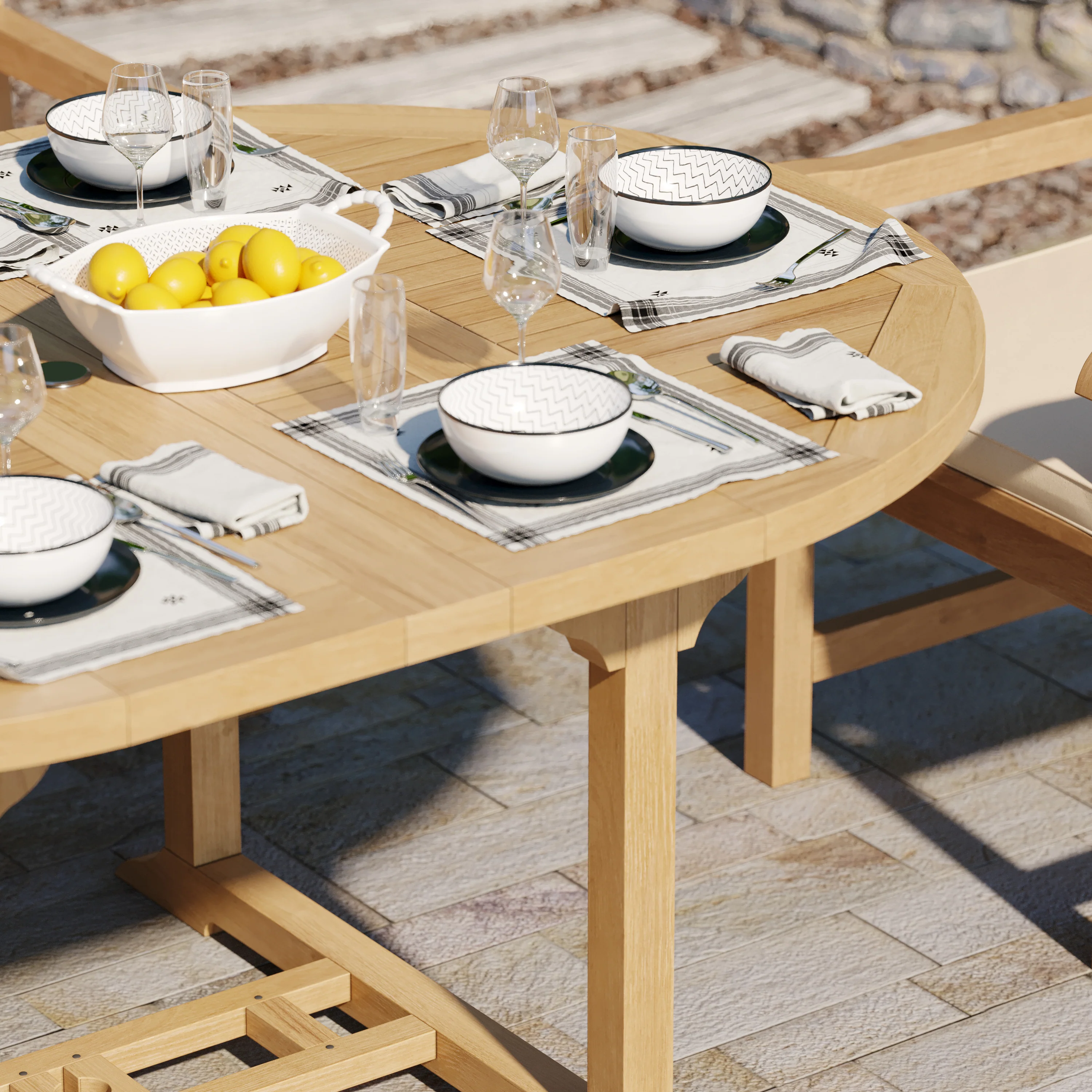 6 Seater Teak Garden Dining Set – 120–170cm Round-to-Oval Extending Table, 4cm Top with Warwick Chairs - Image 5