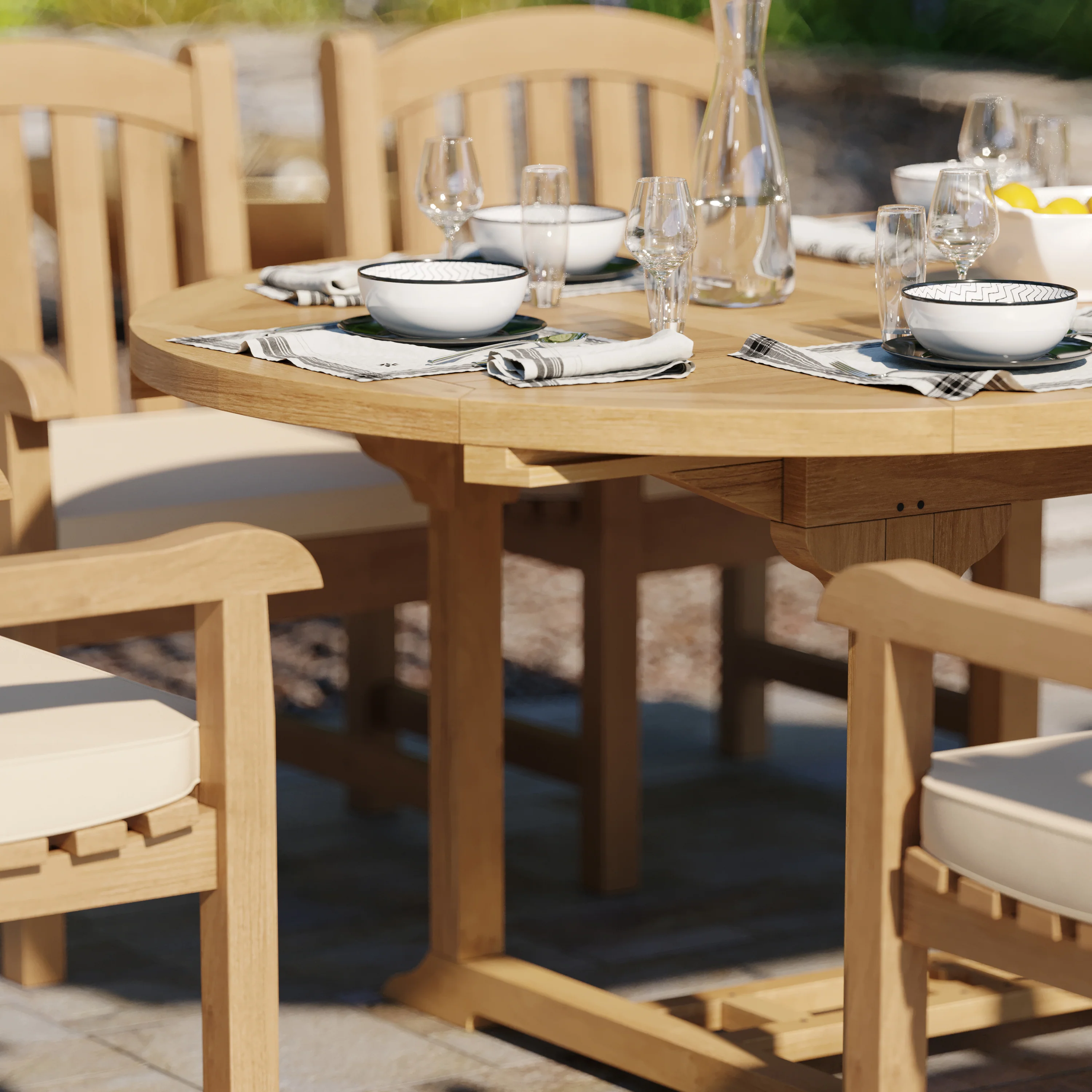 6 Seater Teak Garden Dining Set – 120–170cm Round-to-Oval Extending Table, 4cm Top with Warwick Chairs - Image 6