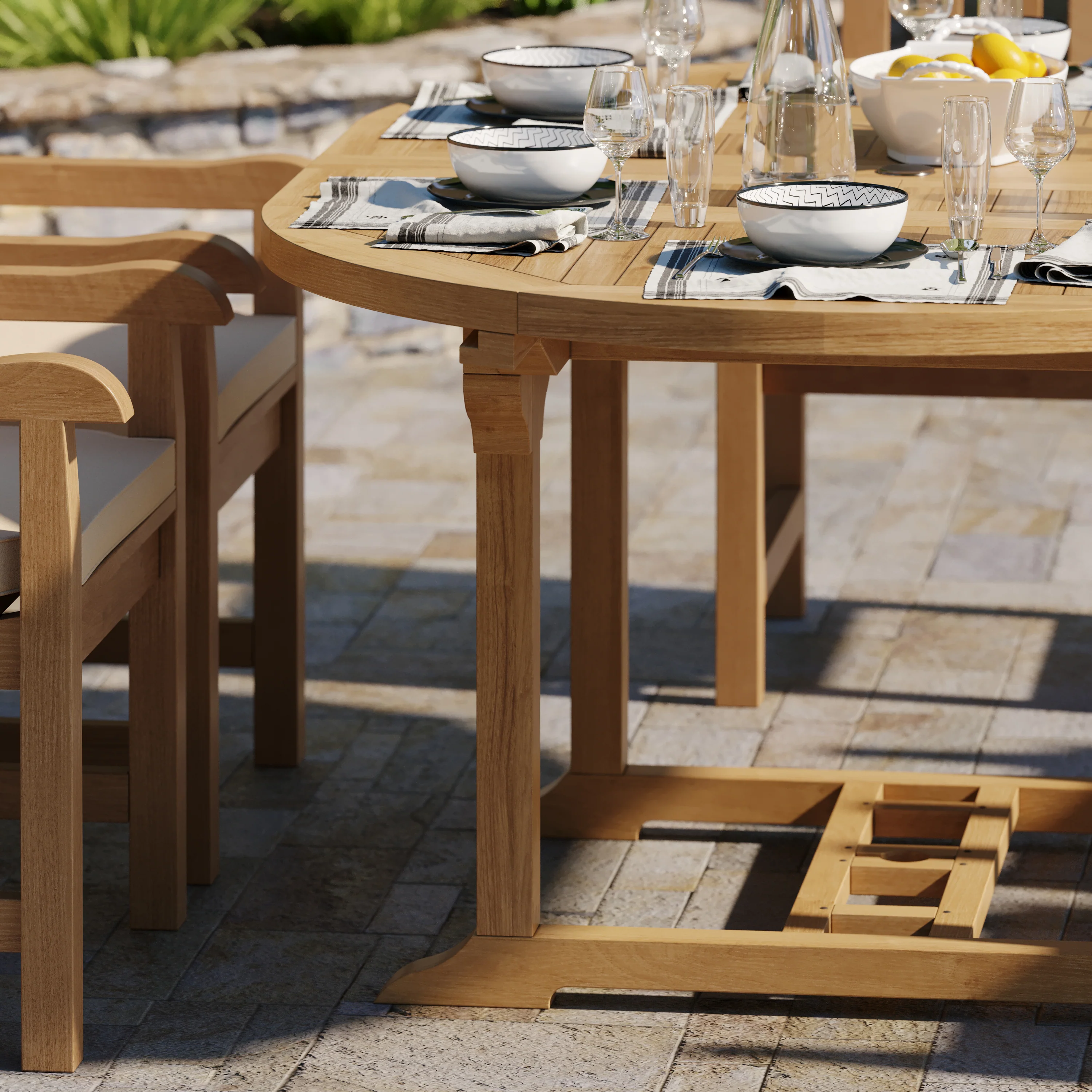 6 Seater Teak Garden Dining Set – 120–170cm Round-to-Oval Extending Table, 4cm Top with Warwick Chairs - Image 8