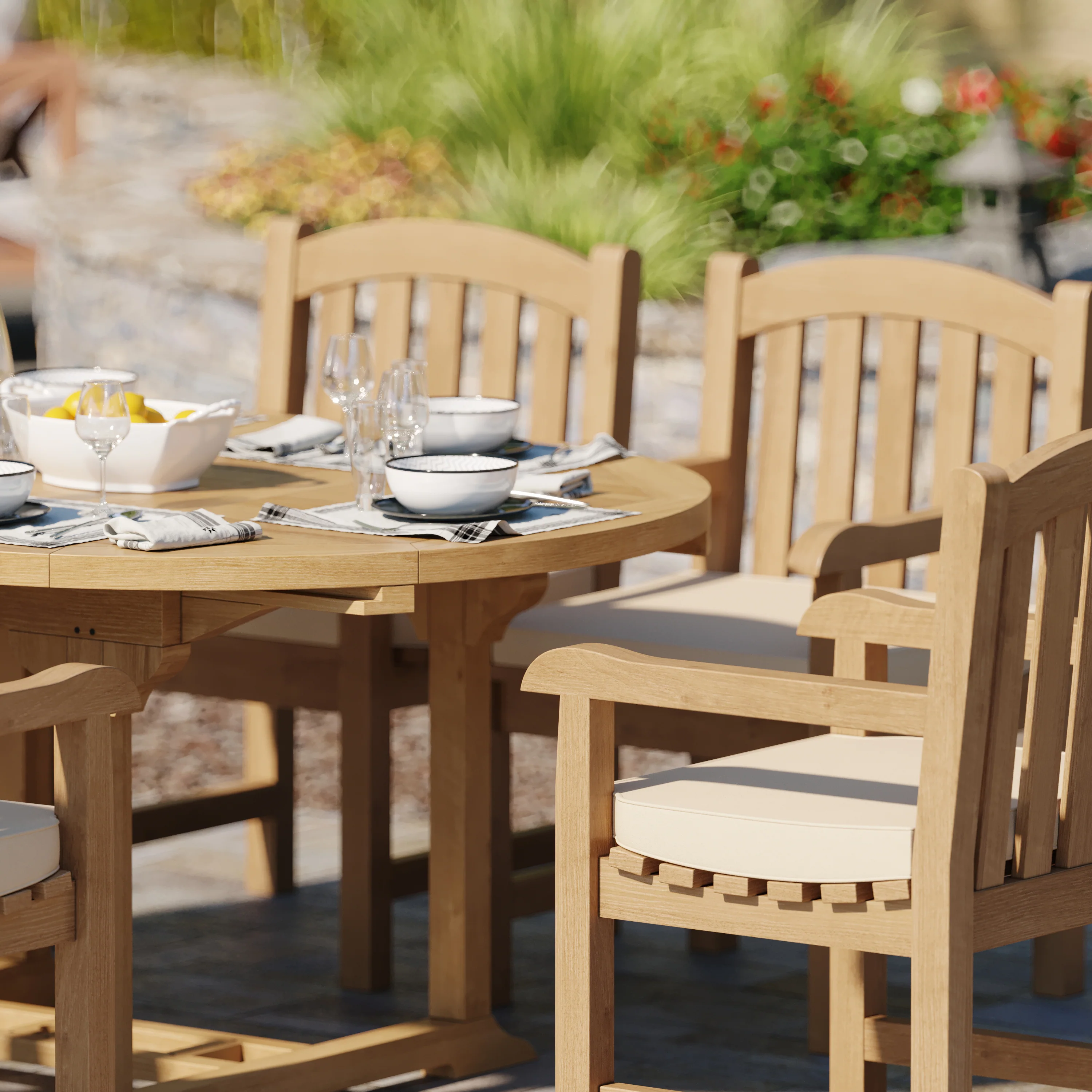 6 Seater Teak Garden Dining Set – 120–170cm Round-to-Oval Extending Table, 4cm Top with Warwick Chairs - Image 9