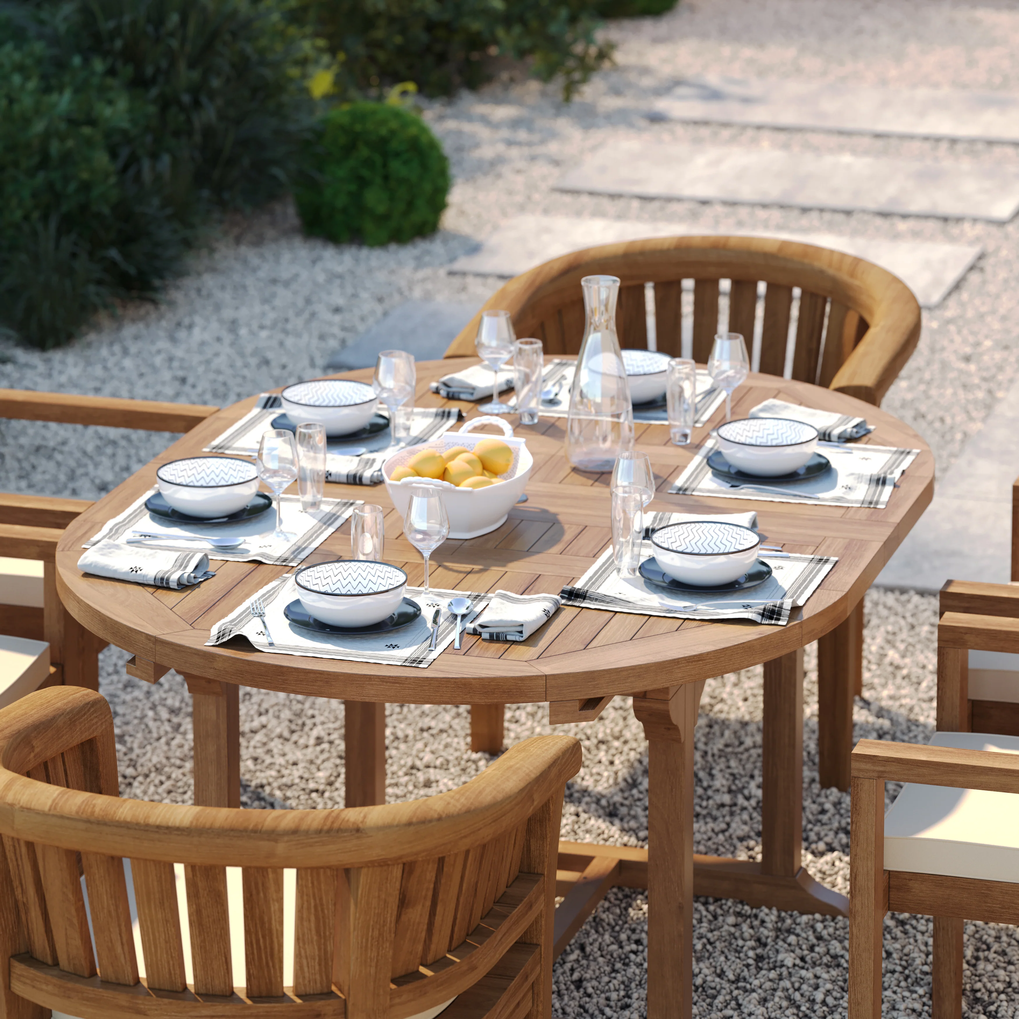 6 Seater Teak Garden Dining Set – 120–170cm Round-to-Oval Extending Table with 4 Marlow Stacking Chairs & 2 San Francisco Chairs - Image 2