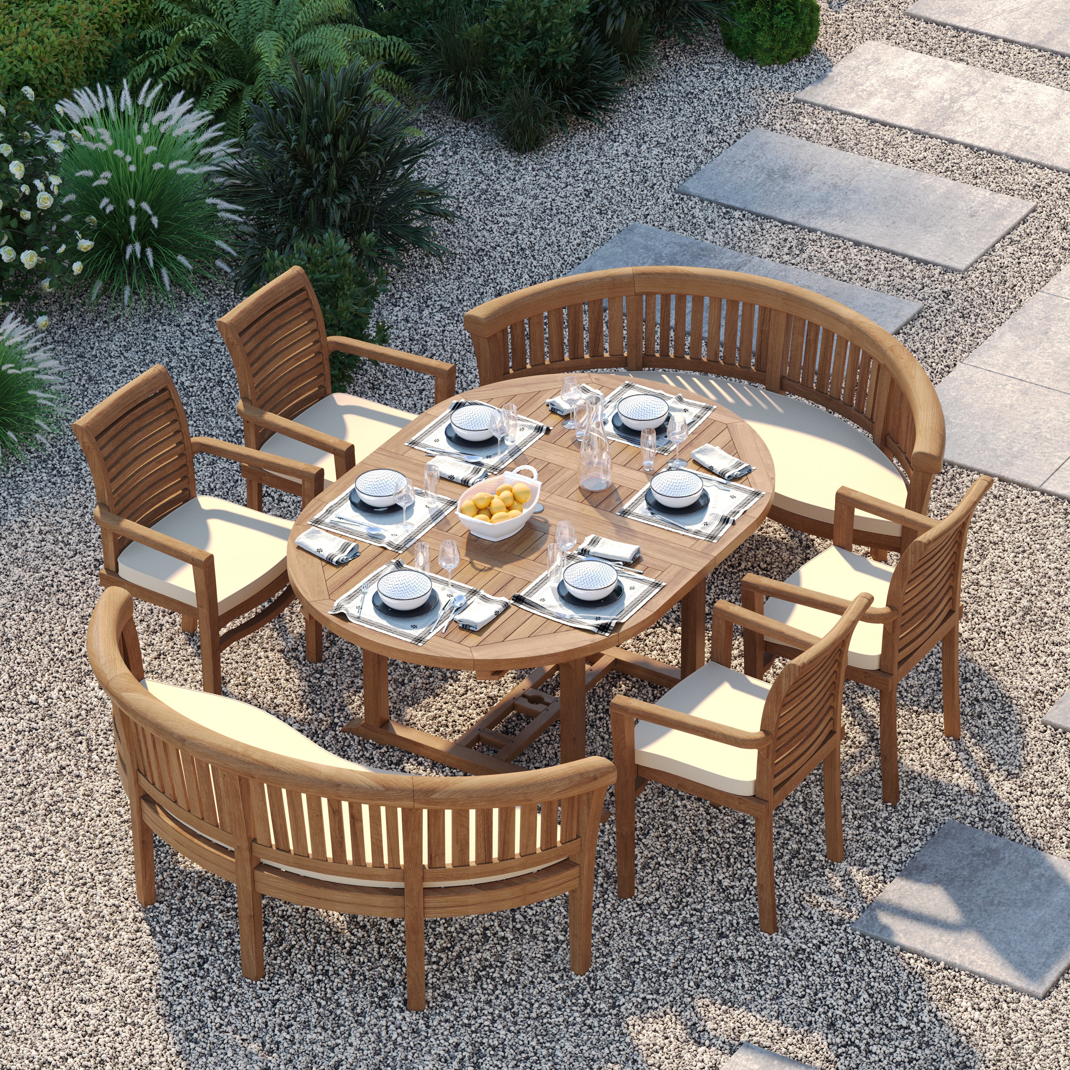 8 Seater Teak Garden Dining Set – 120–170cm Round-to-Oval Extending Table with 4 Oxford Stacking Chairs & 2 San Francisco Benches