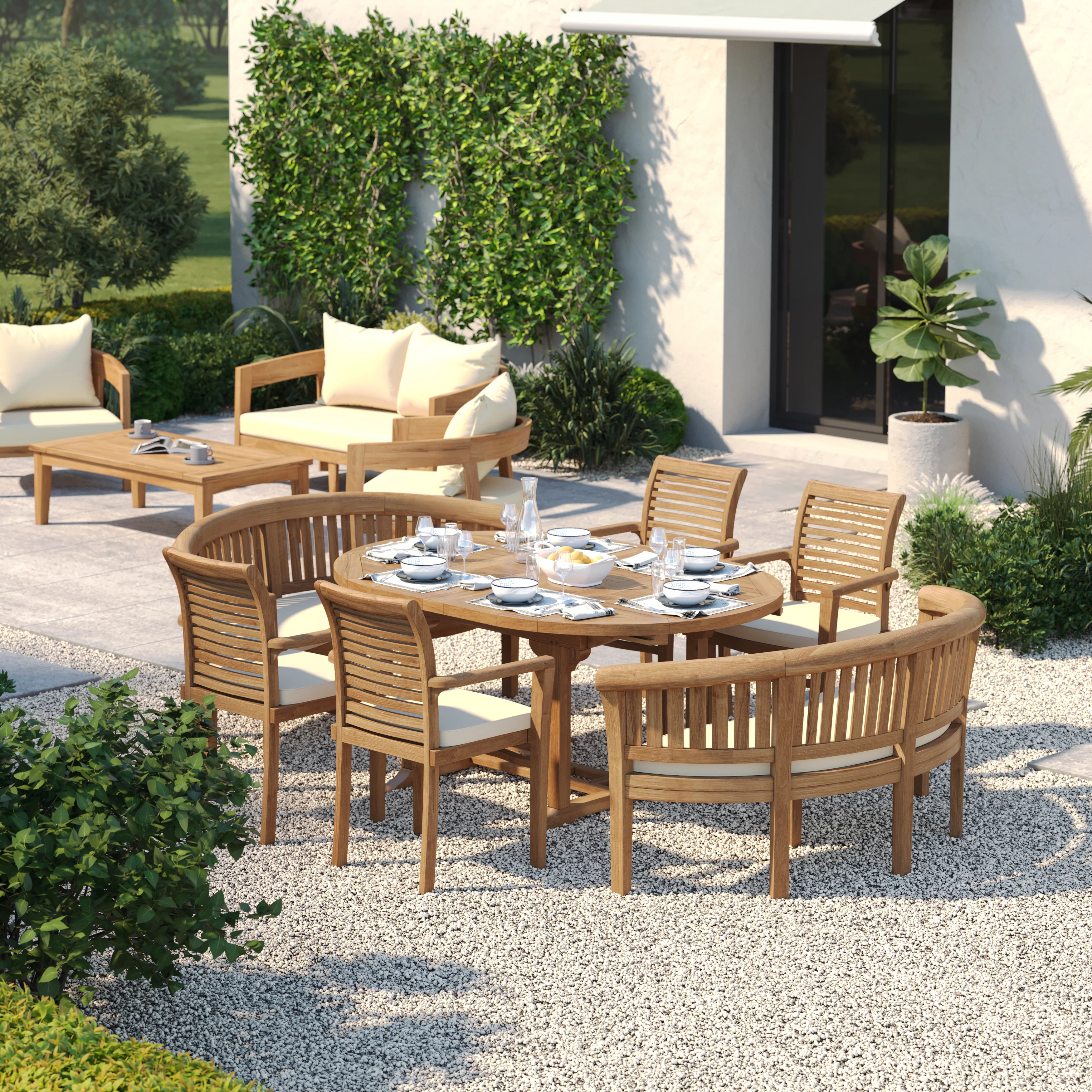 8 Seater Teak Garden Dining Set – 120–170cm Round-to-Oval Extending Table with 4 Oxford Stacking Chairs & 2 San Francisco Benches - Image 2