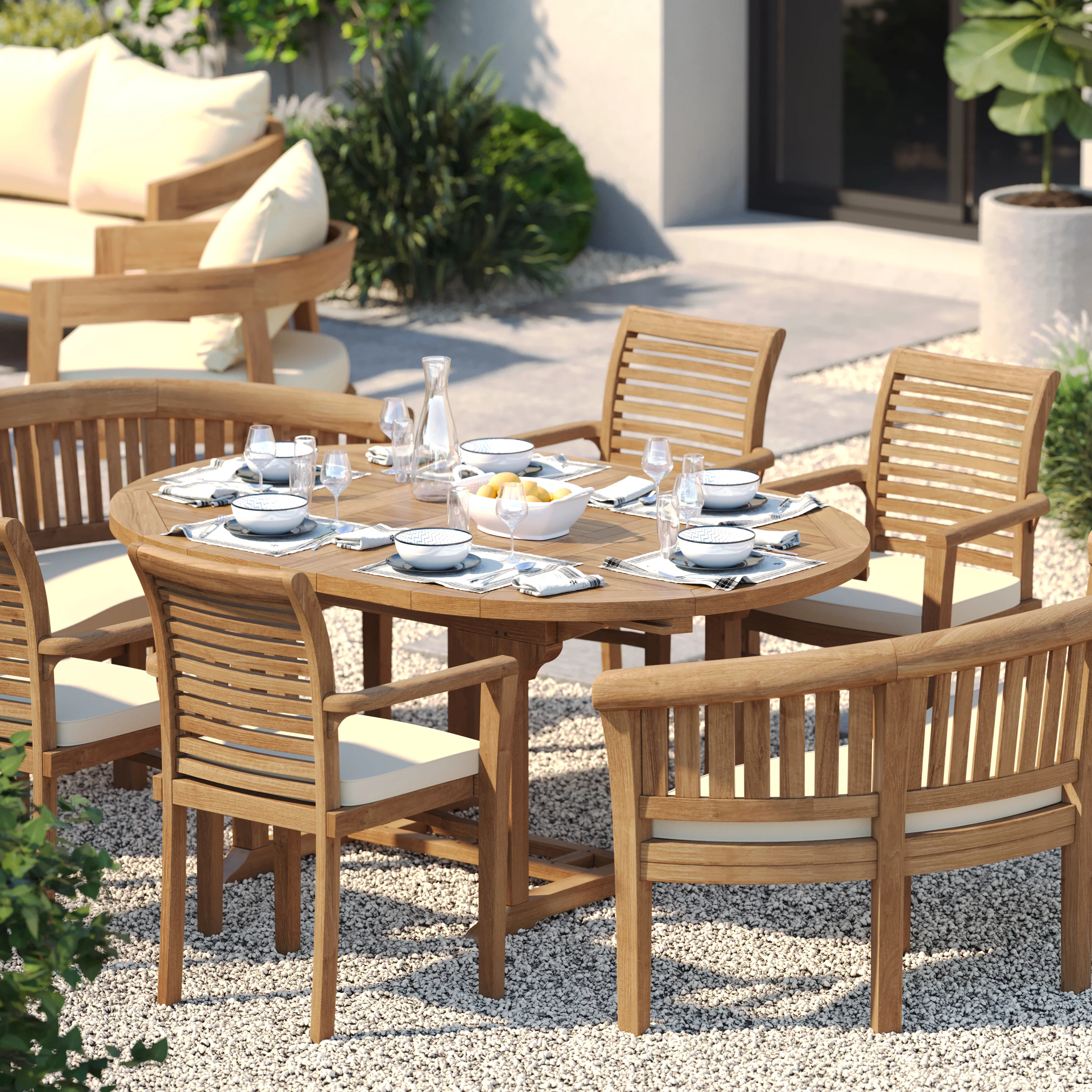 8 Seater Teak Garden Dining Set – 120–170cm Round-to-Oval Extending Table with 4 Oxford Stacking Chairs & 2 San Francisco Benches - Image 3