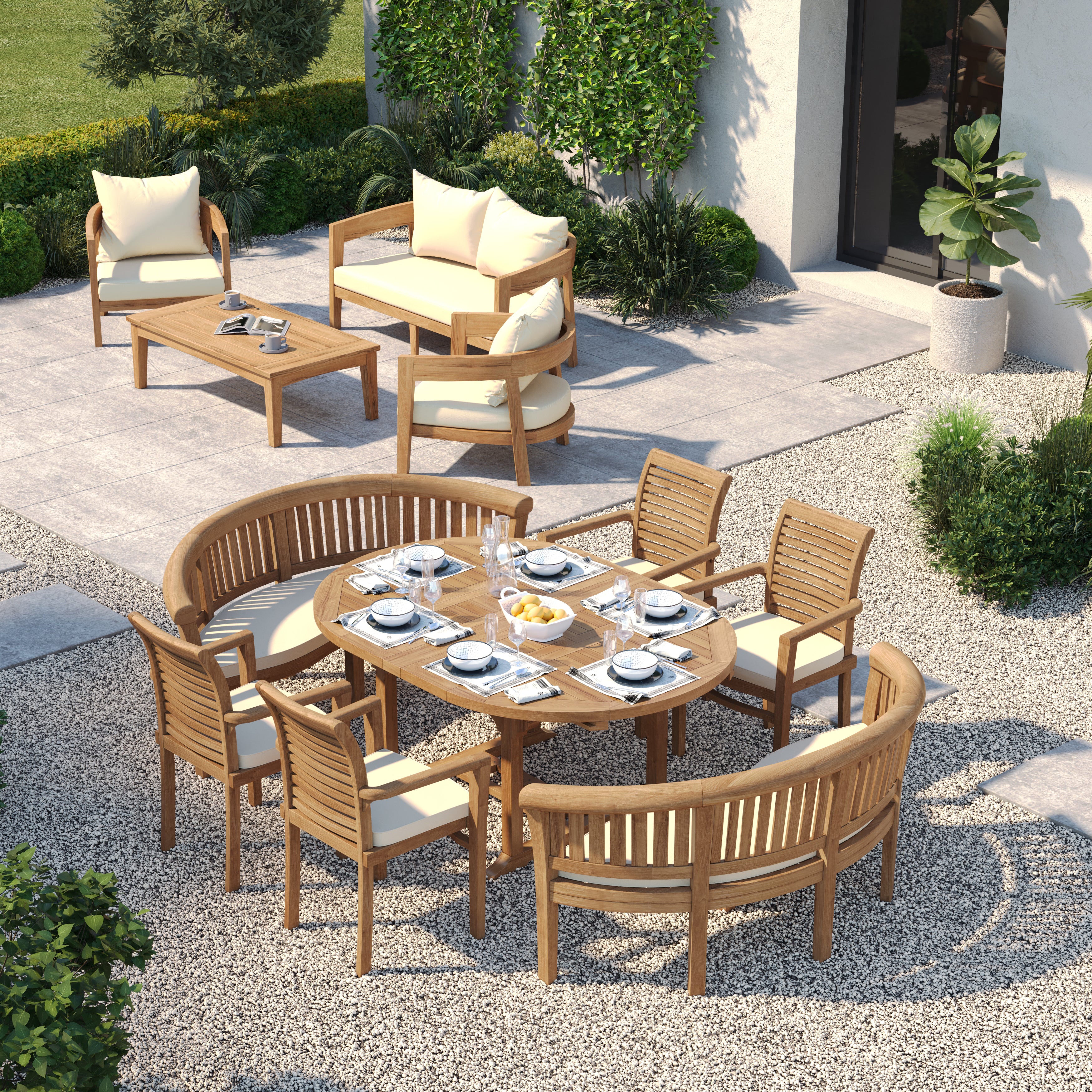 8 Seater Teak Garden Dining Set – 120–170cm Round-to-Oval Extending Table with 4 Oxford Stacking Chairs & 2 San Francisco Benches - Image 5
