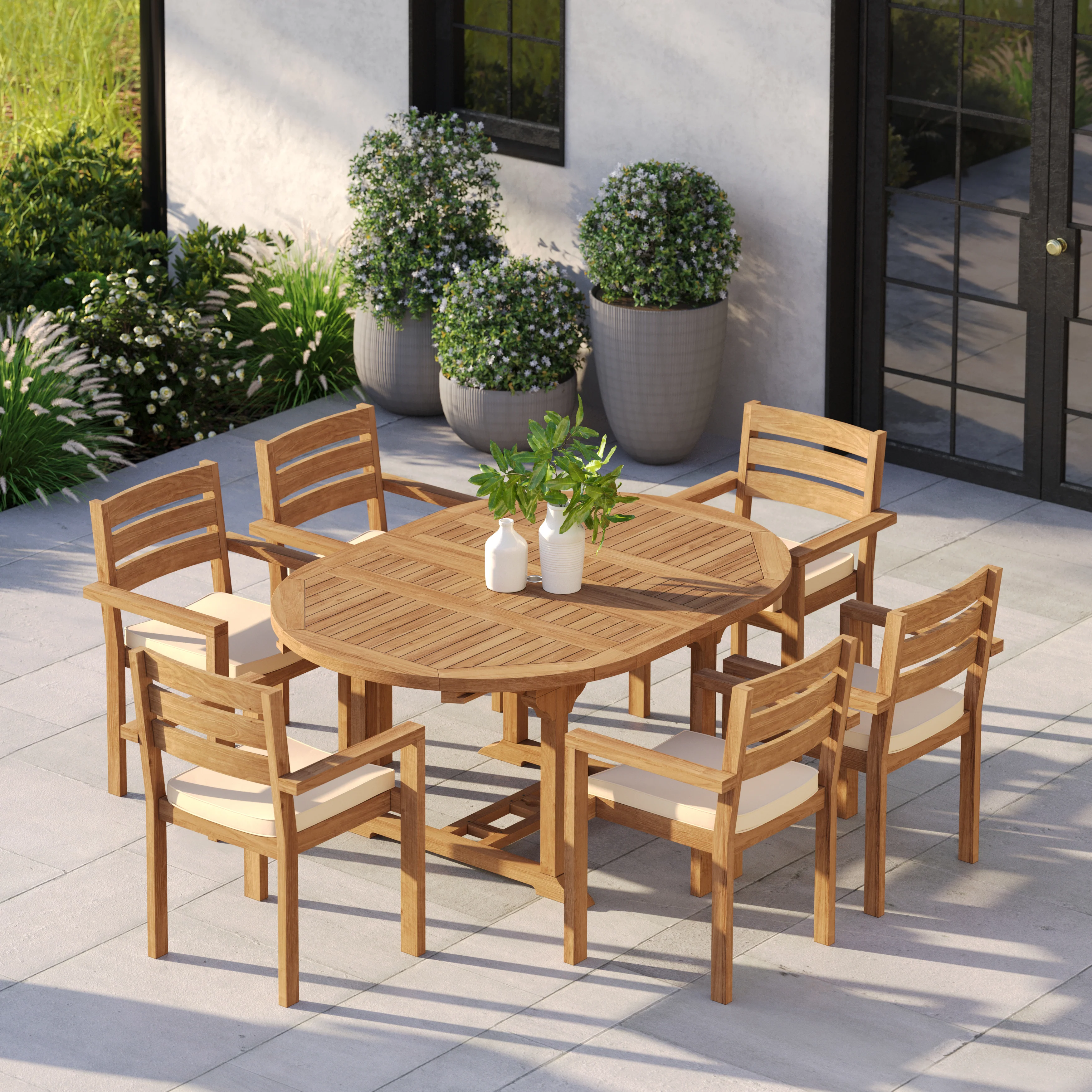 6 Seater Teak Garden Dining Set – 120–170cm Round-to-Oval Extending Table with Marlow Stacking Chairs