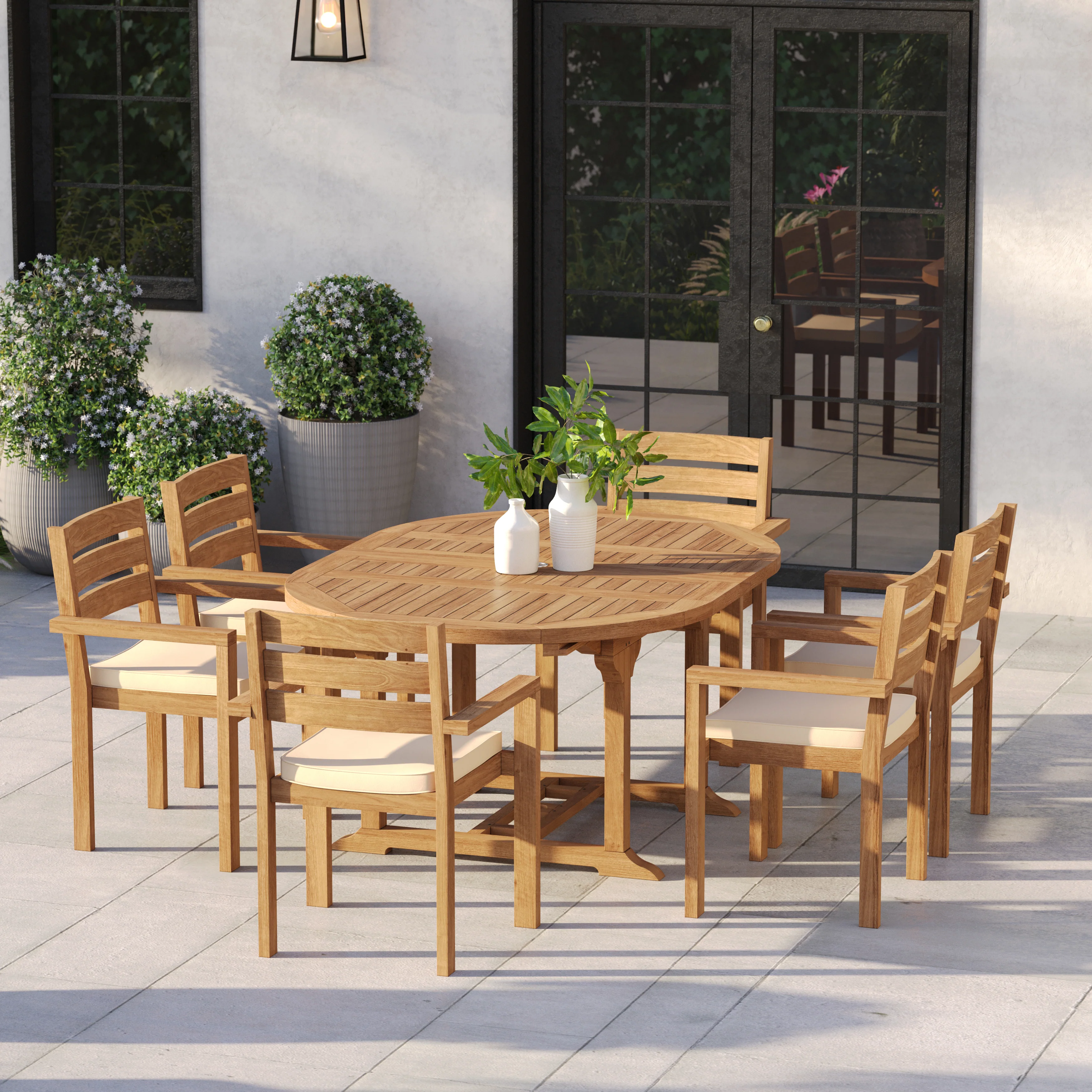 6 Seater Teak Garden Dining Set – 120–170cm Round-to-Oval Extending Table with Marlow Stacking Chairs - Image 2