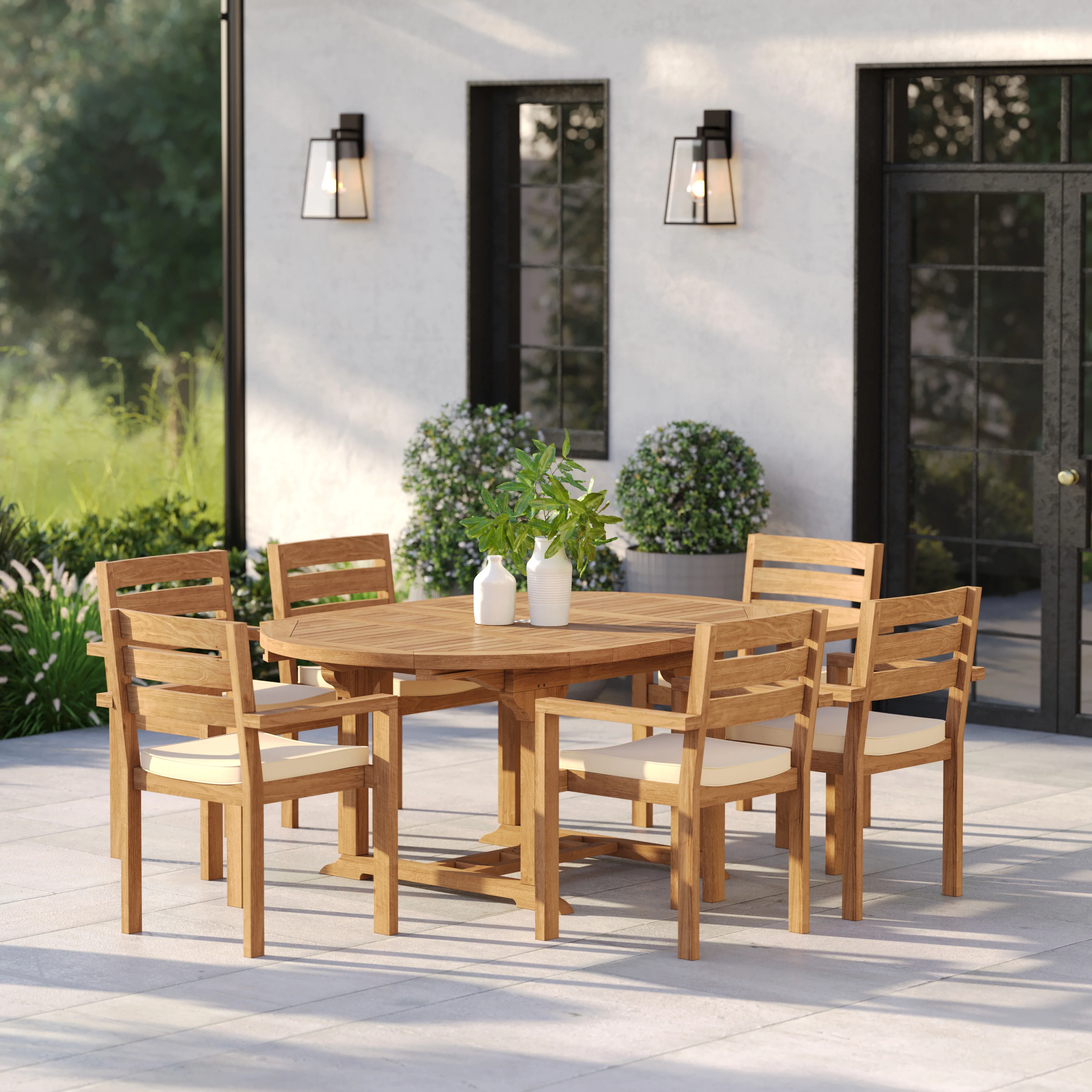 6 Seater Teak Garden Dining Set – 120–170cm Round-to-Oval Extending Table with Marlow Stacking Chairs - Image 3