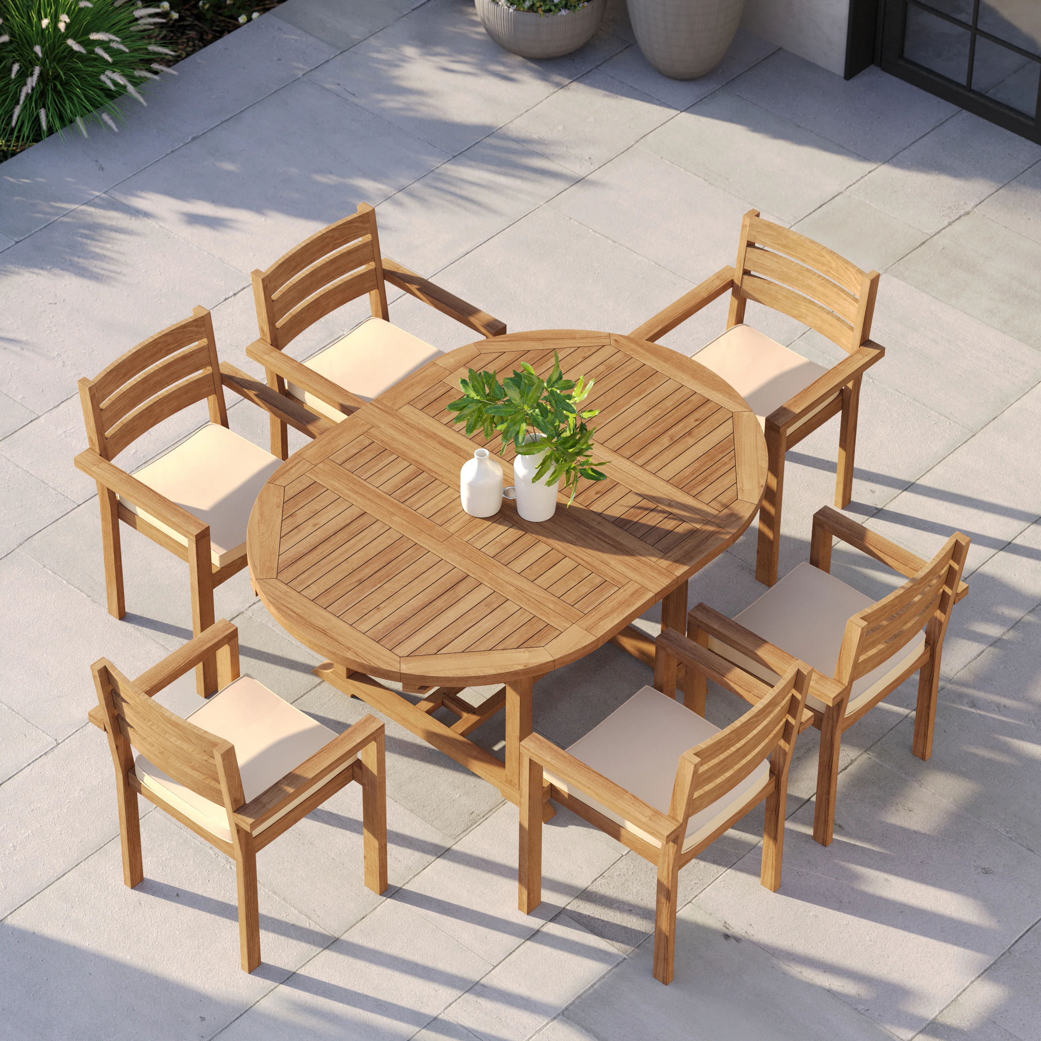 6 Seater Teak Garden Dining Set – 120–170cm Round-to-Oval Extending Table with Marlow Stacking Chairs - Image 4