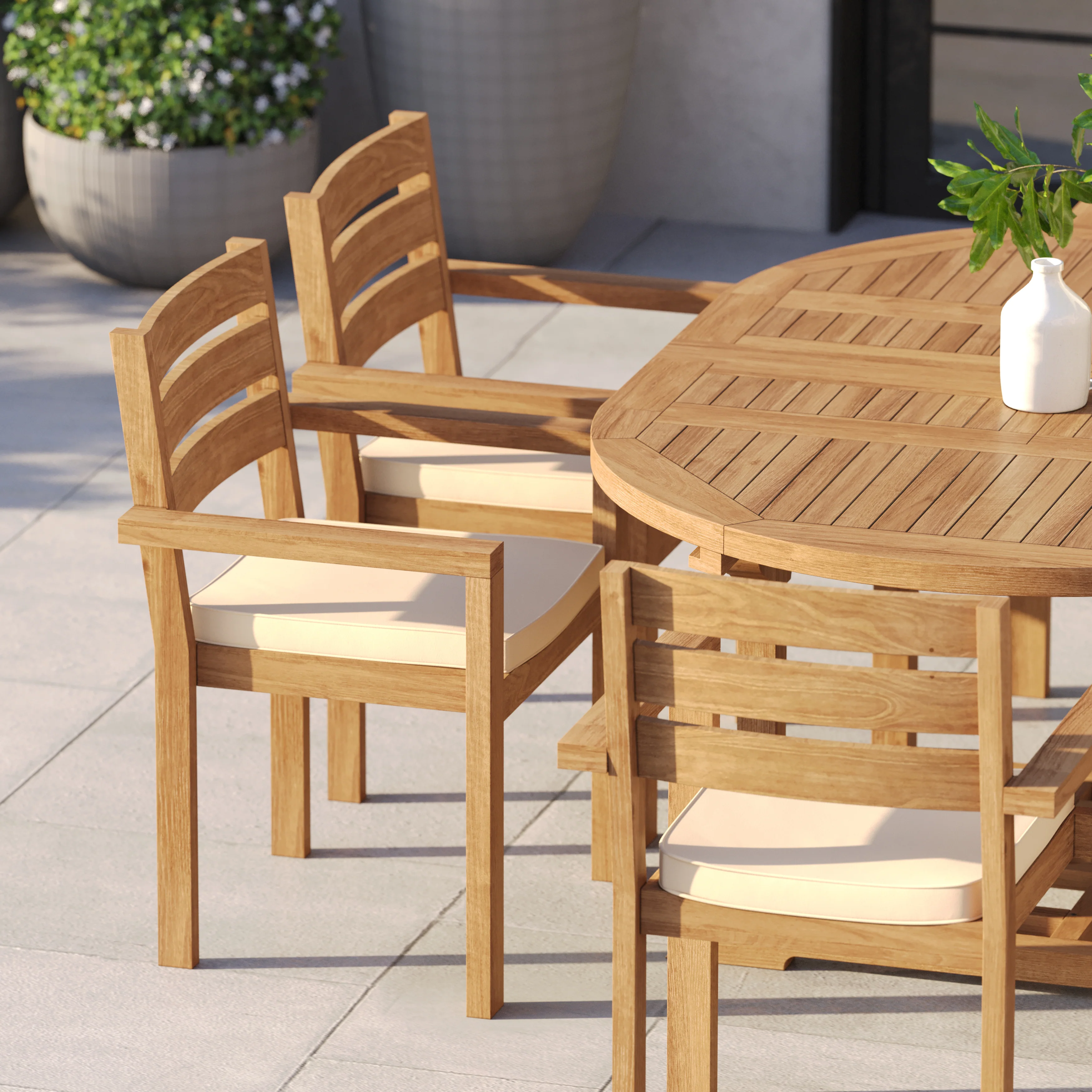 6 Seater Teak Garden Dining Set – 120–170cm Round-to-Oval Extending Table with Marlow Stacking Chairs - Image 5