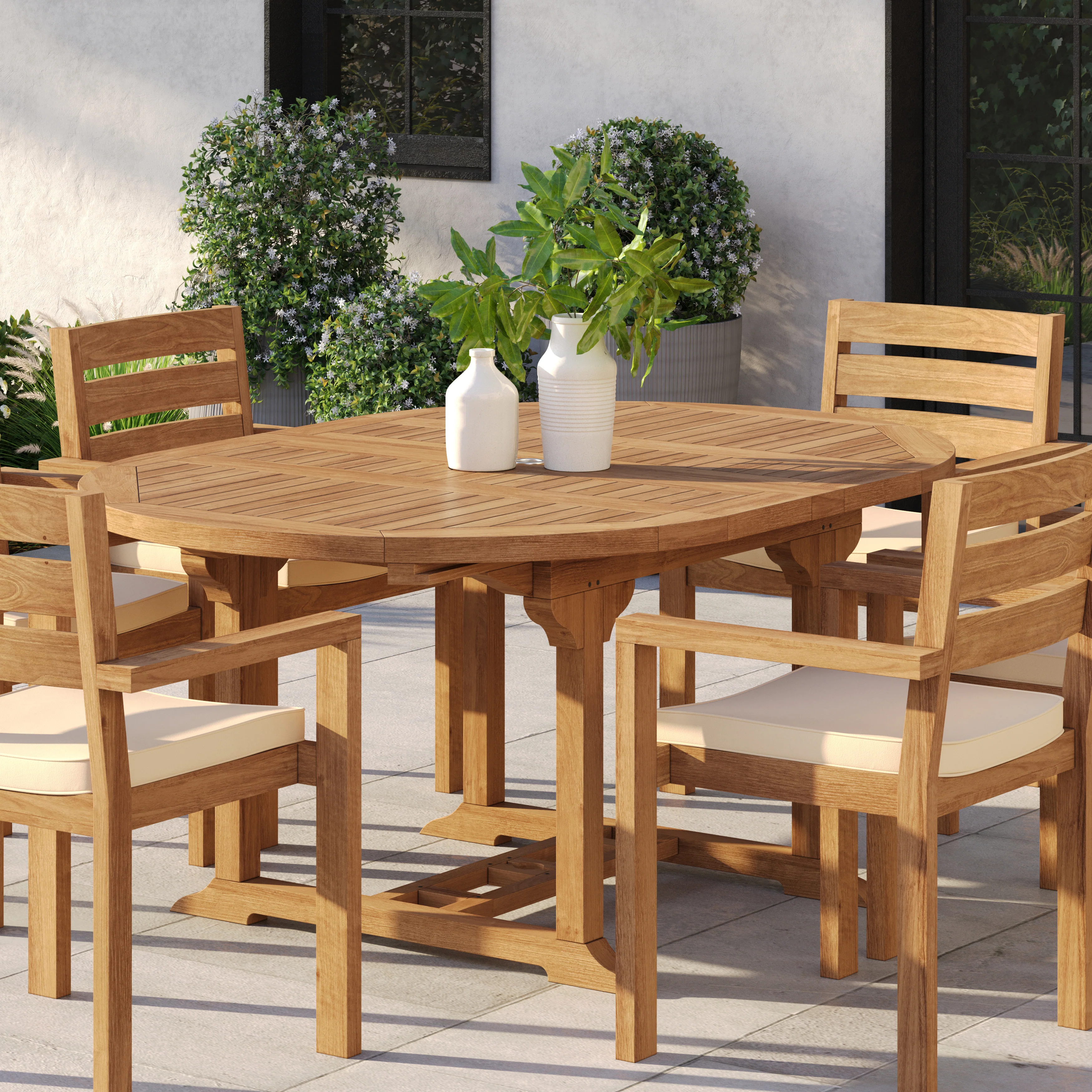 6 Seater Teak Garden Dining Set – 120–170cm Round-to-Oval Extending Table with Marlow Stacking Chairs - Image 6