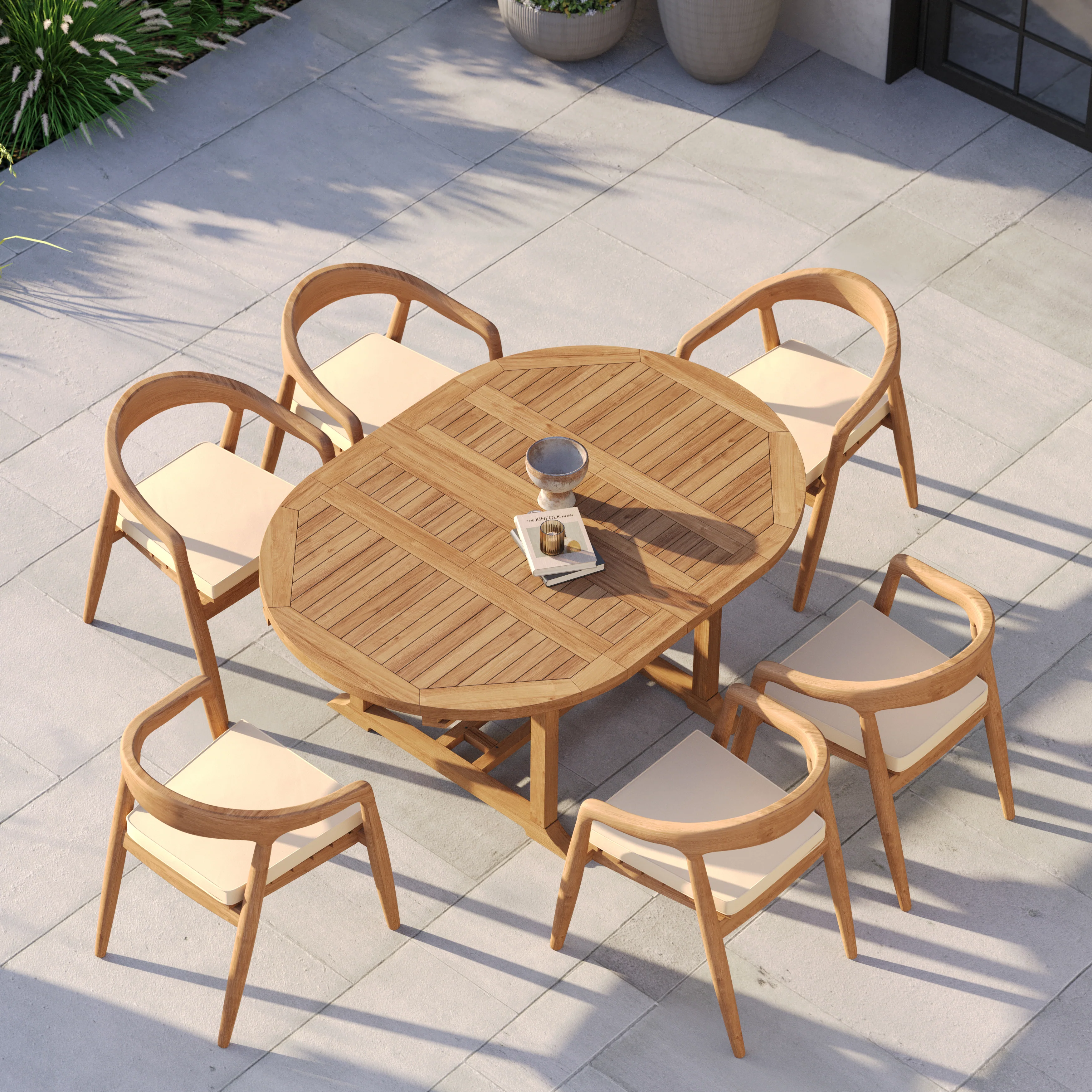 6 Seater Teak Garden Dining Set – 120–170cm Round-to-Oval Extending Table, 4cm Top with Sydney Chairs - Image 2