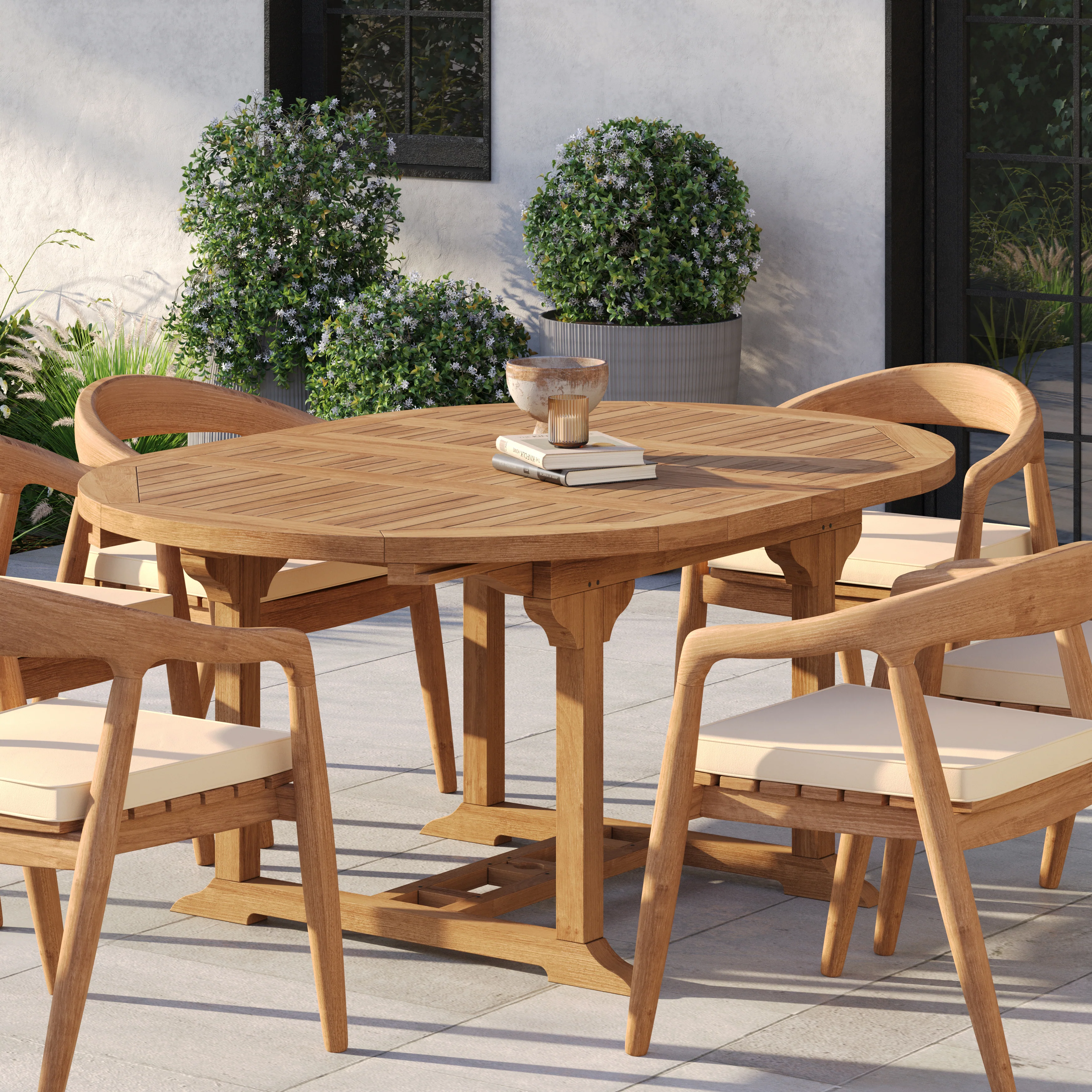 6 Seater Teak Garden Dining Set – 120–170cm Round-to-Oval Extending Table, 4cm Top with Sydney Chairs - Image 3