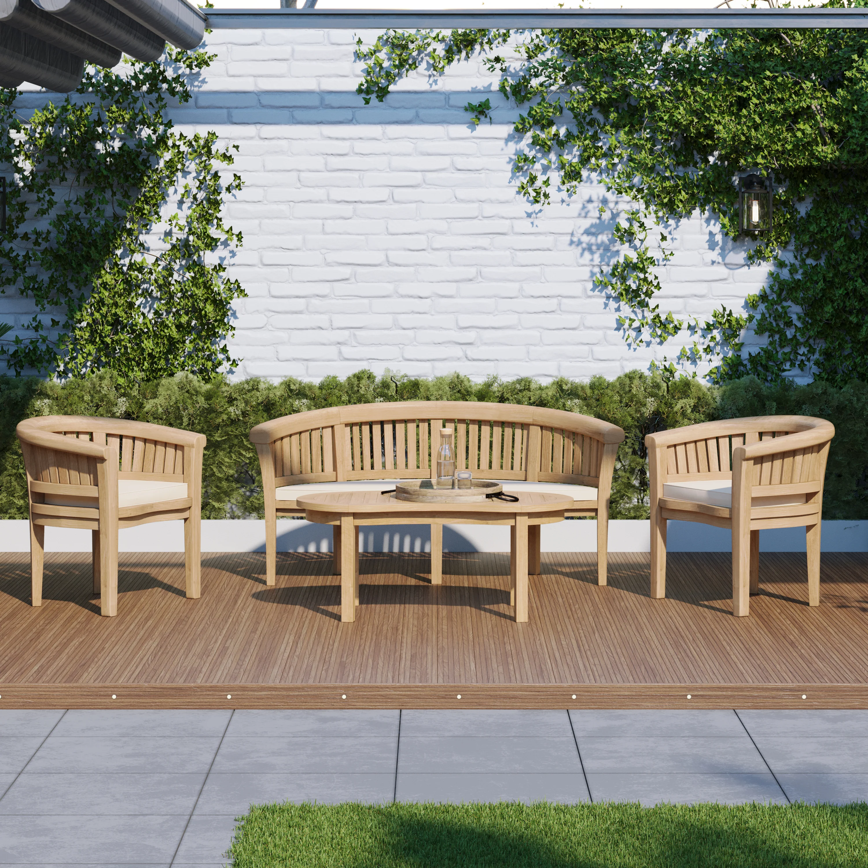 San Francisco Teak Garden Bench Set – 1 Bench, 2 Chairs & Coffee Table