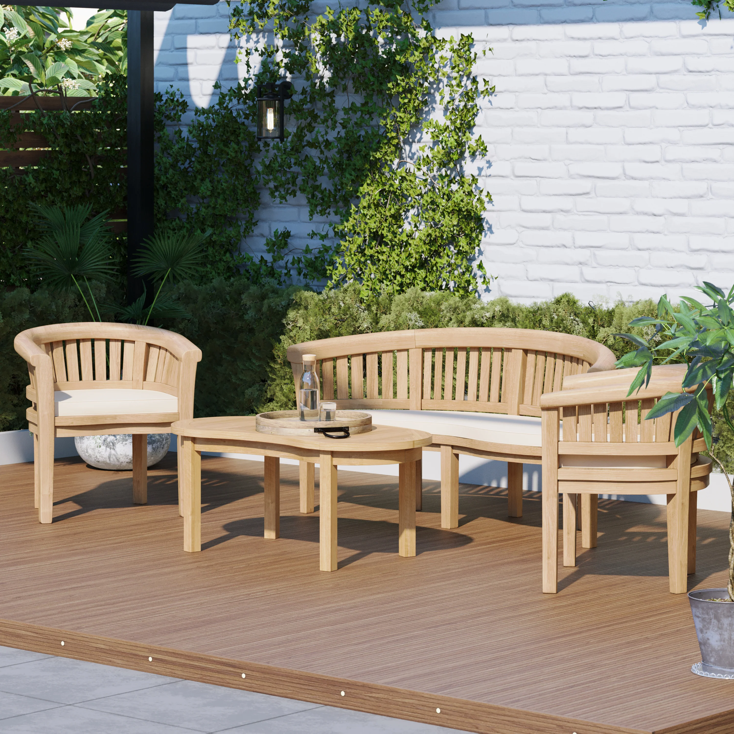 San Francisco Teak Garden Bench Set – 1 Bench, 2 Chairs & Coffee Table - Image 2