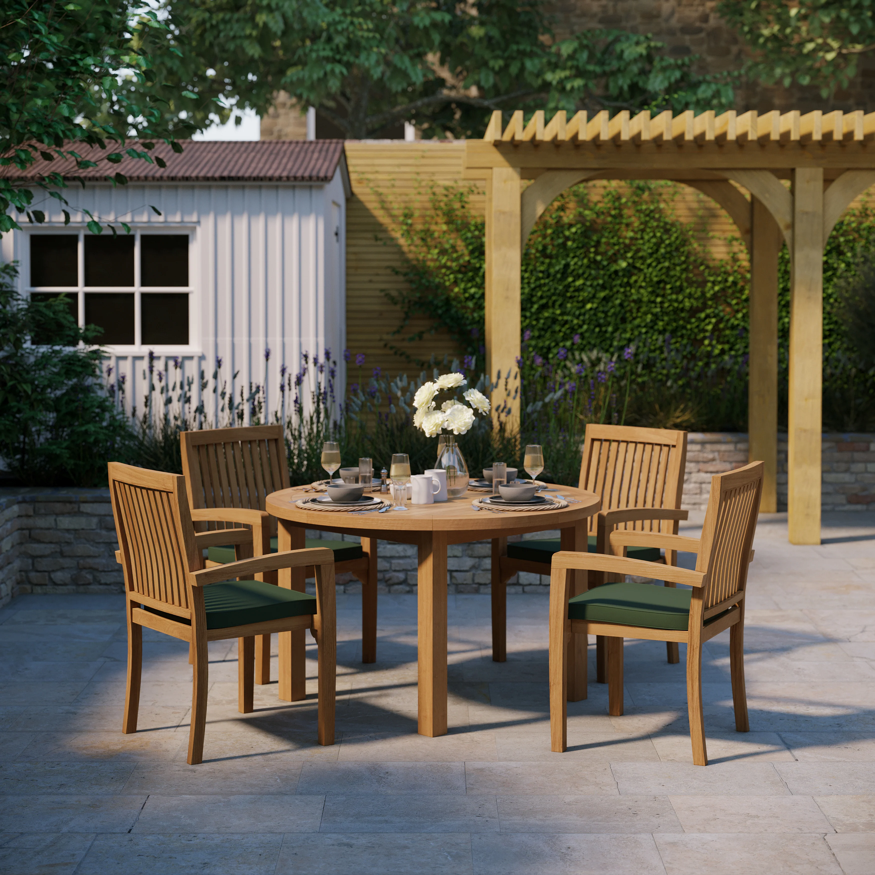 4 Seater Teak Garden Dining Set – 120cm Maximus Round Fixed Table, 4cm Top with Henley Stacking Chairs - Image 2