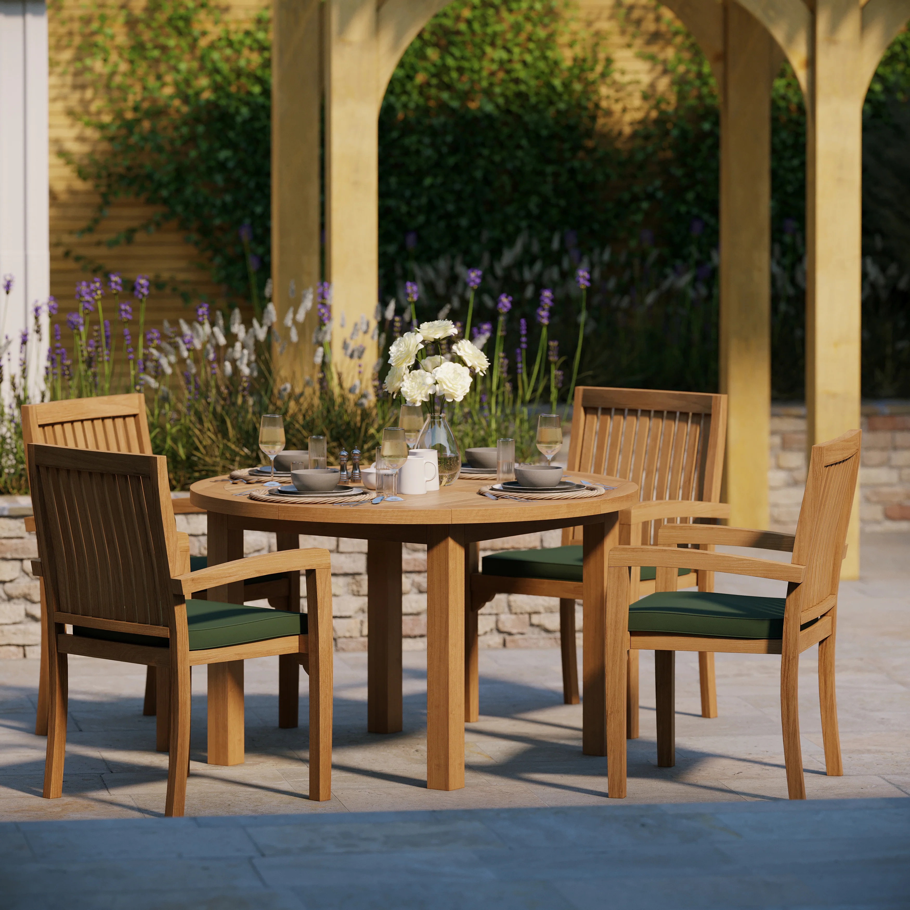 4 Seater Teak Garden Dining Set – 120cm Maximus Round Fixed Table, 4cm Top with Henley Stacking Chairs - Image 4