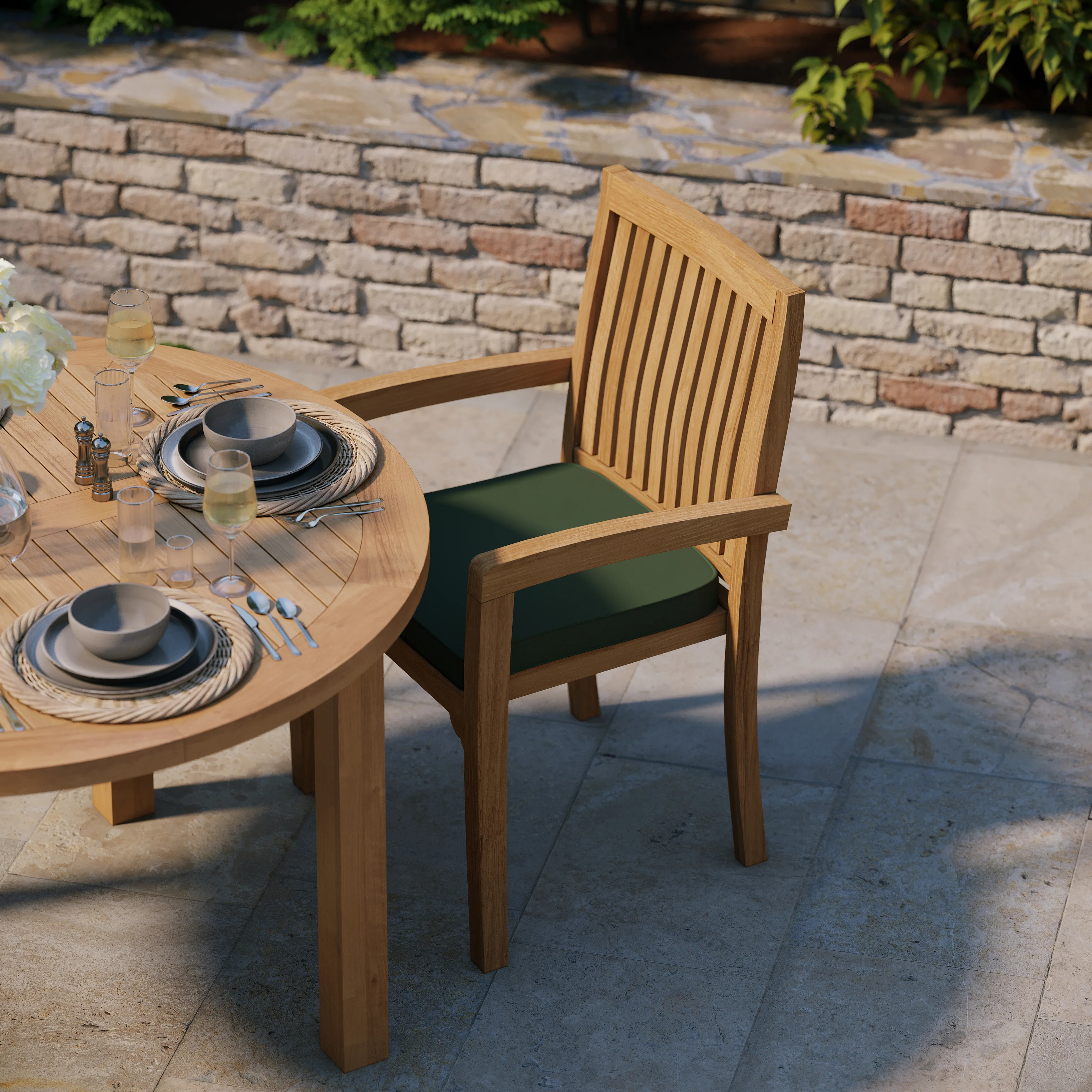 4 Seater Teak Garden Dining Set – 120cm Maximus Round Fixed Table, 4cm Top with Henley Stacking Chairs - Image 5