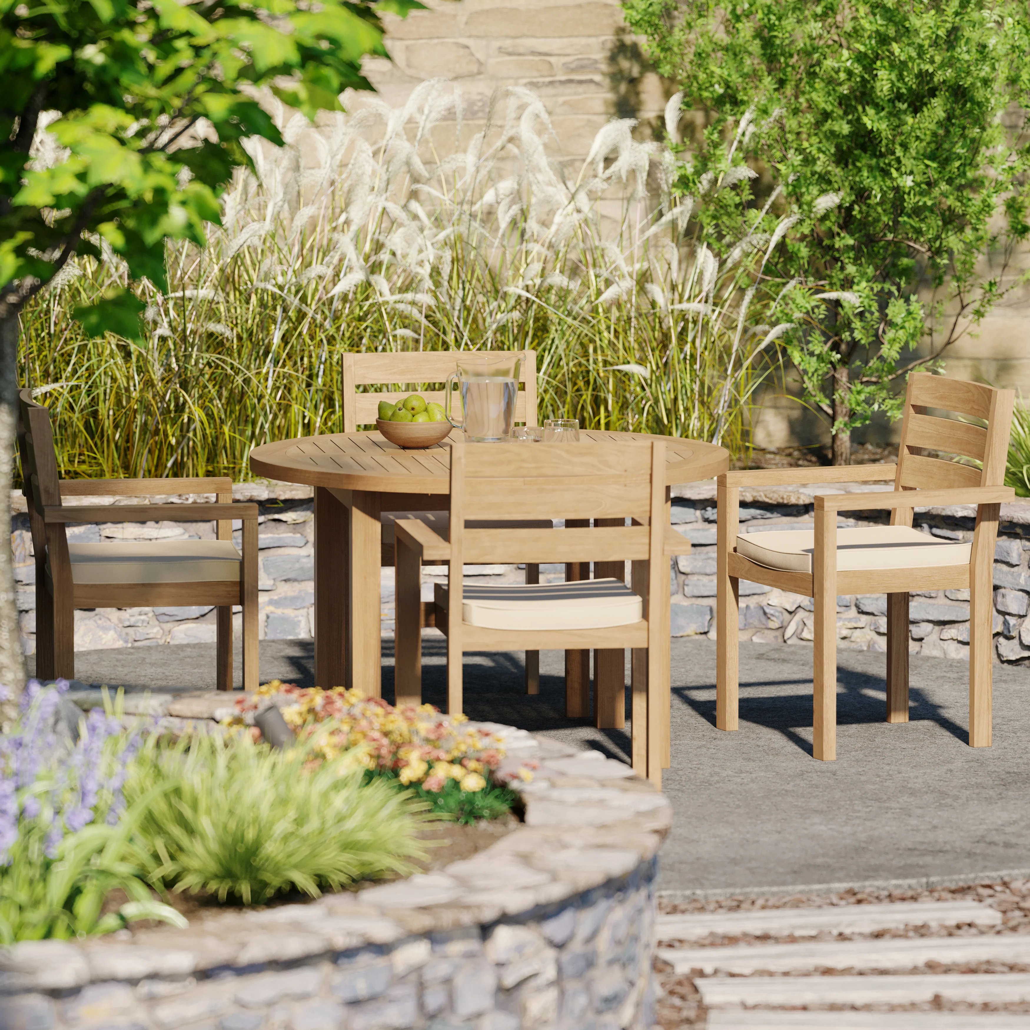 4 Seater Teak Garden Dining Set – 120cm Maximus Round Fixed Table with Marlow Stacking Chairs - Image 4
