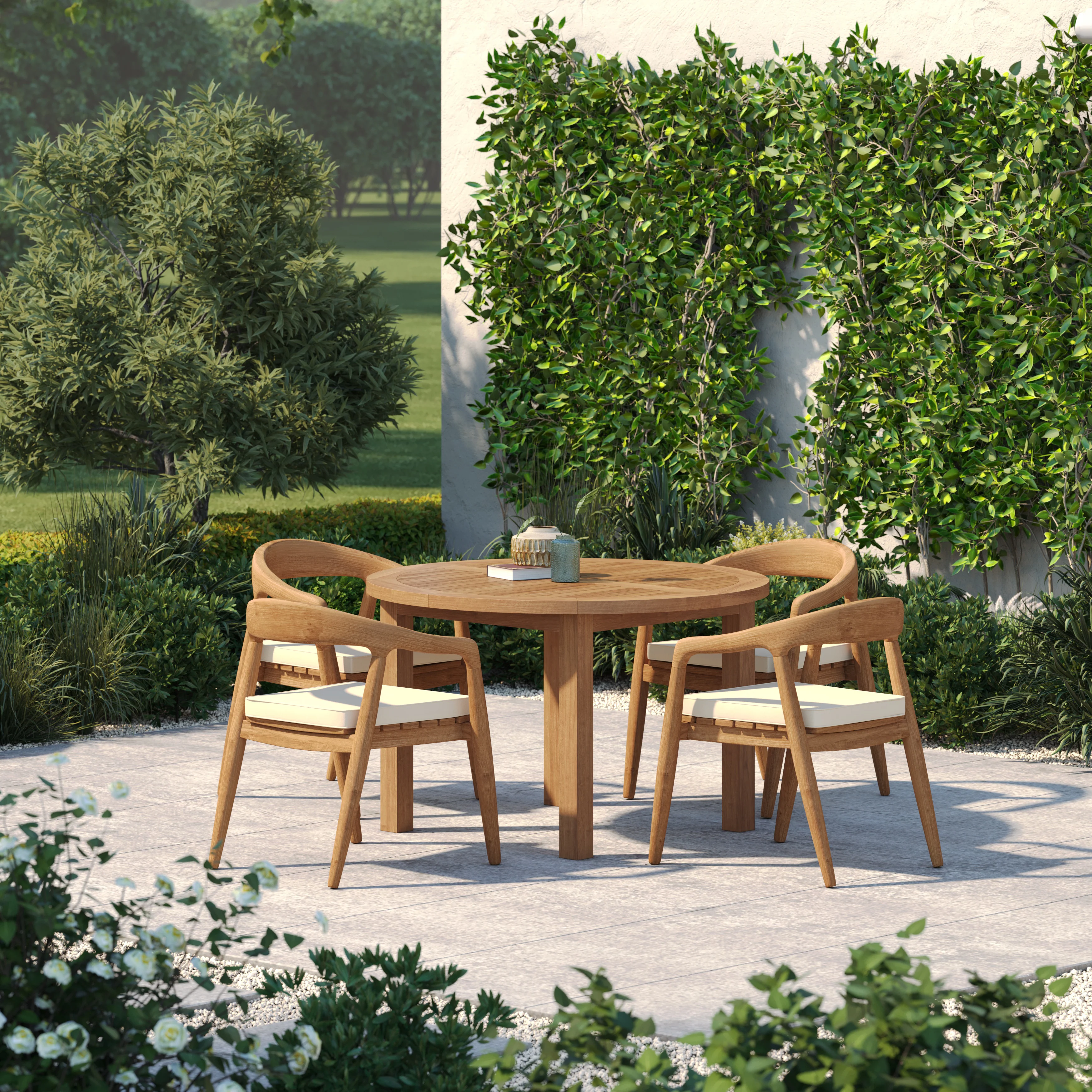 4 Seater Teak Garden Dining Set – 120cm Maximus Round Fixed Table, 4cm Top with Sydney Chairs - Image 4