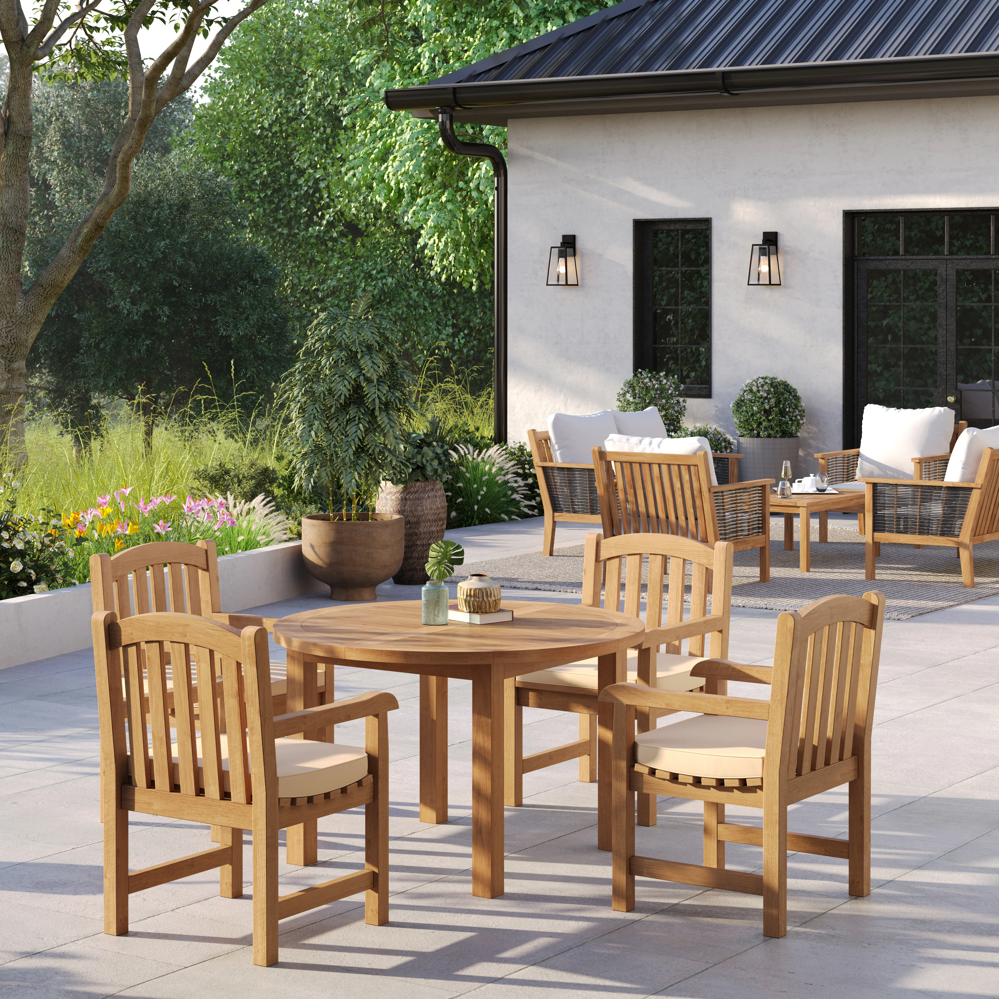 4 Seater Teak Garden Dining Set – 120cm Maximus Round Fixed Table with Warwick Teak Chairs