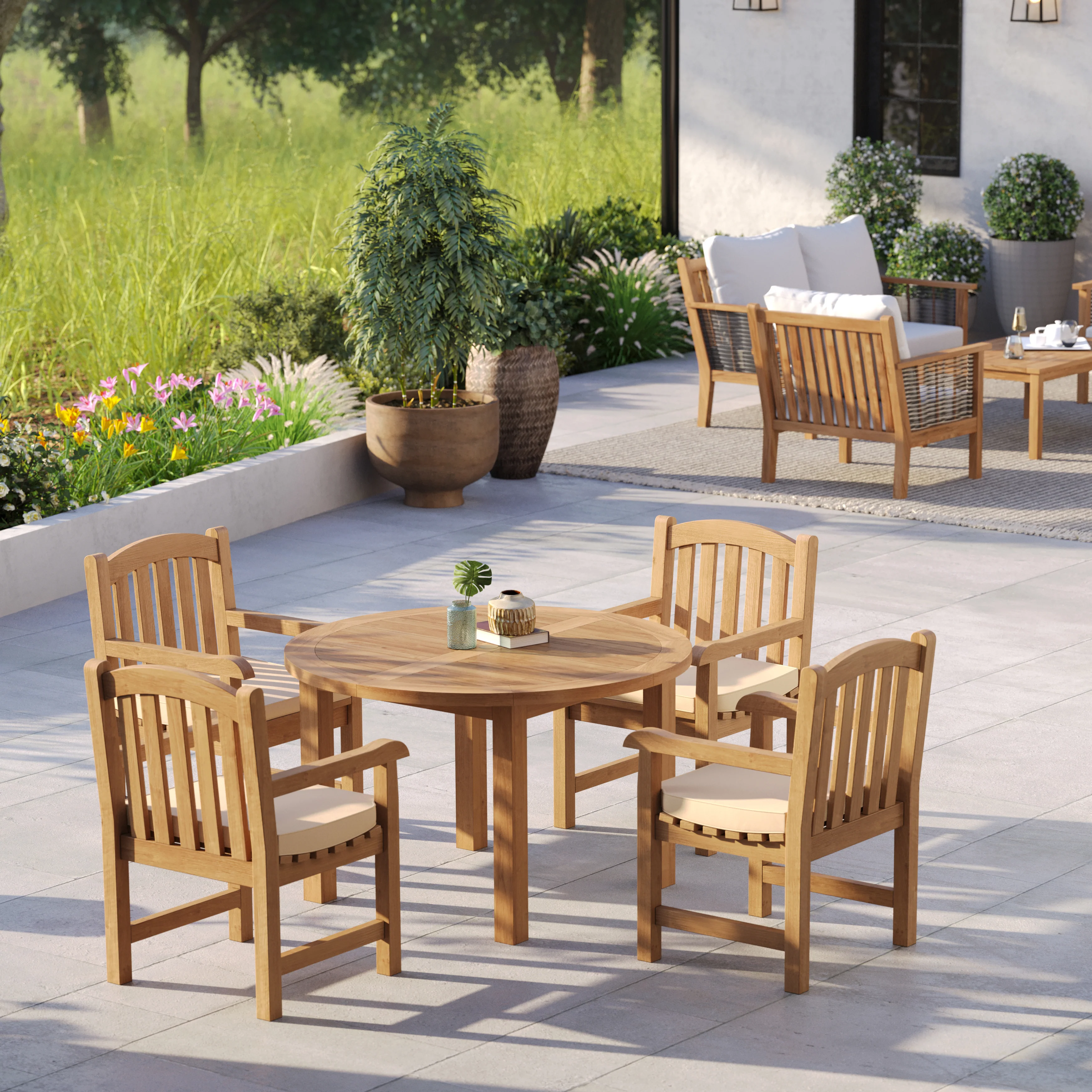 4 Seater Teak Garden Dining Set – 120cm Maximus Round Fixed Table with Warwick Teak Chairs - Image 2