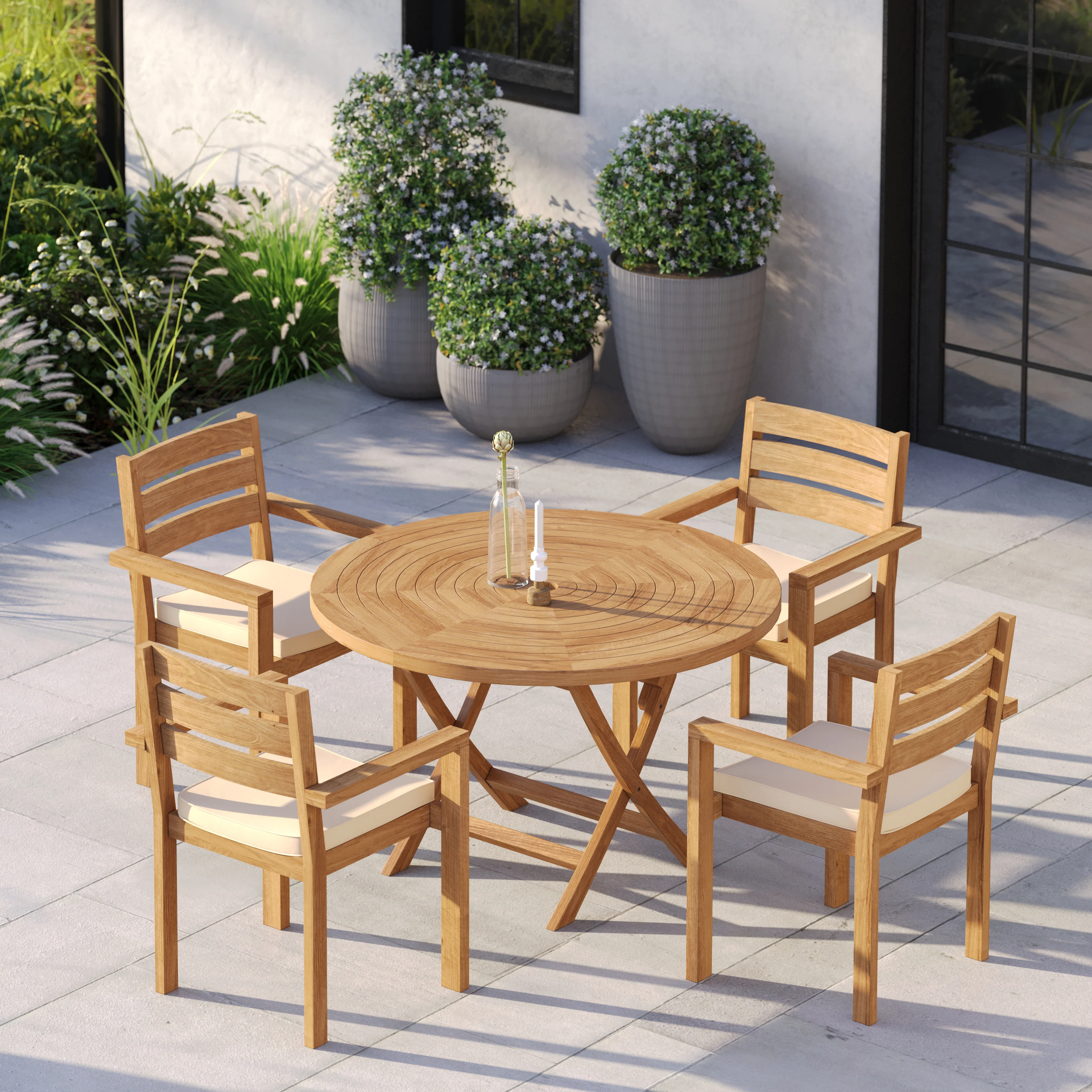 4 Seater Teak Garden Dining Set – 120cm Spiral Folding Table with Marlow Stacking Chairs