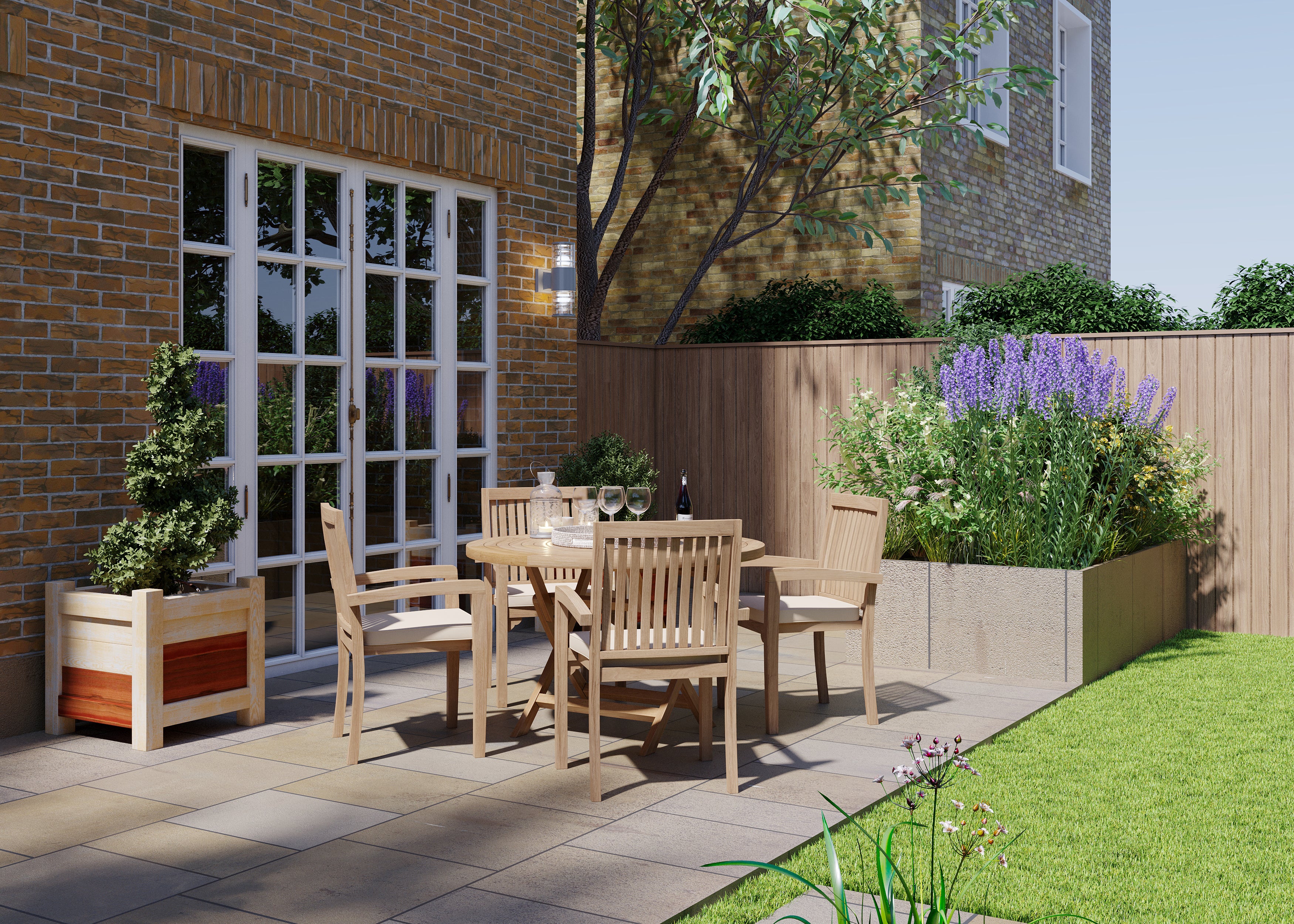 4 Seater Teak Garden Dining Set – 120cm Round Spiral Folding Table with Henley Stacking Chairs - Image 3