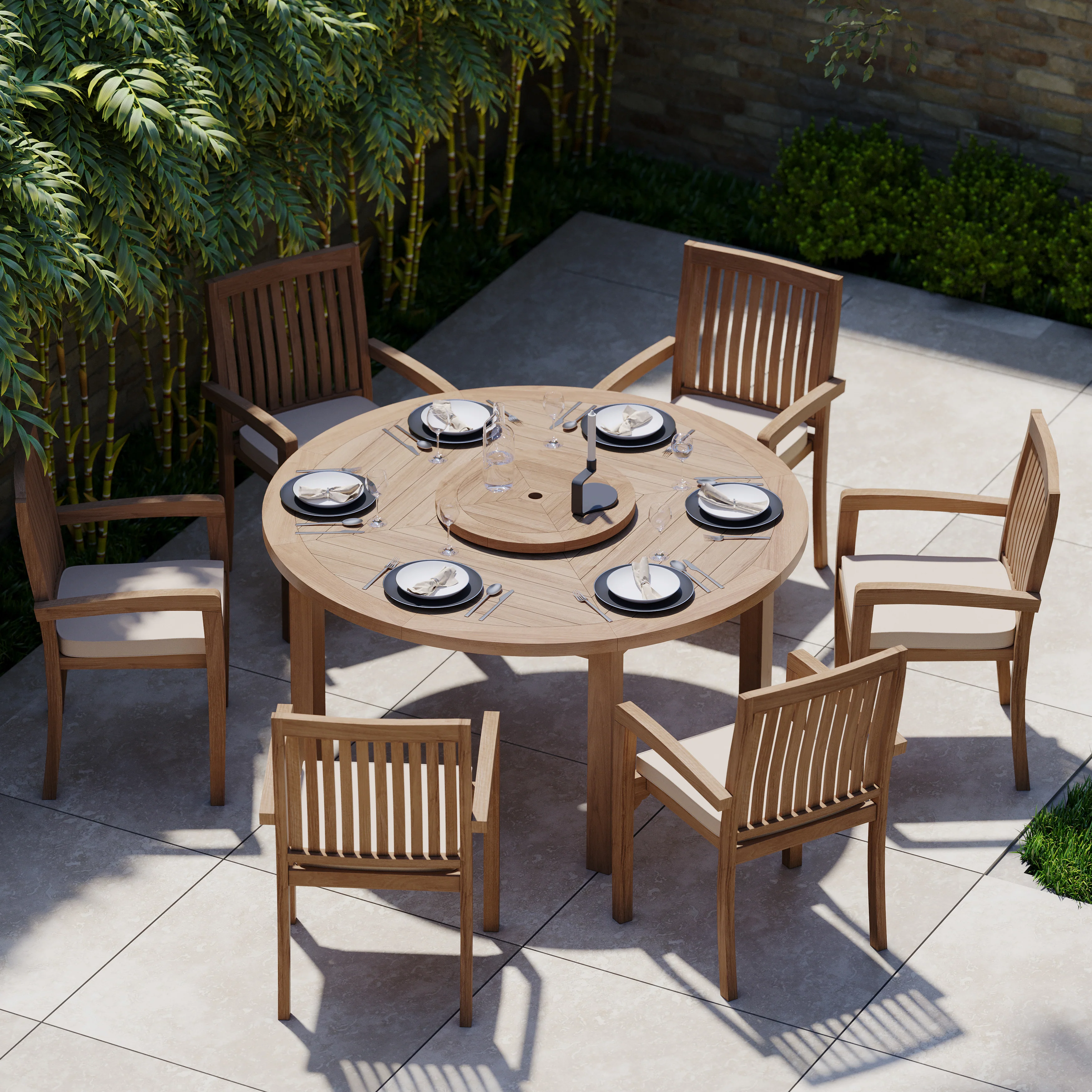 6 Seater Teak Garden Dining Set – Luxor 150cm Round Table, 4cm Top with Henley Stacking Chairs